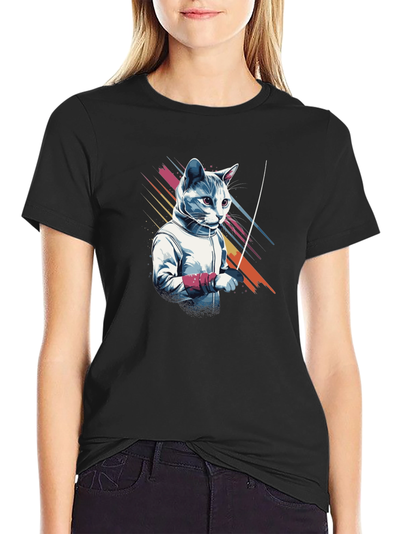 Black Fencing Cat Graphic T-Shirt view 2