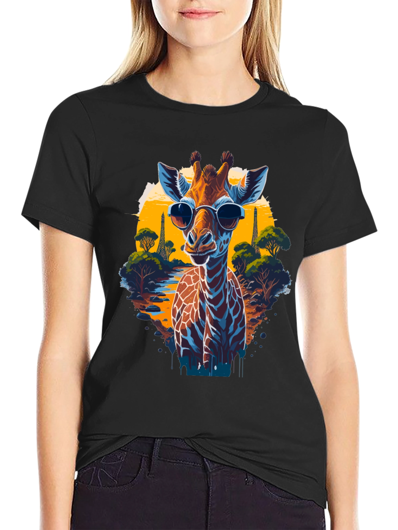 Black Cool Giraffe in Shades Graphic T-Shirt view 2