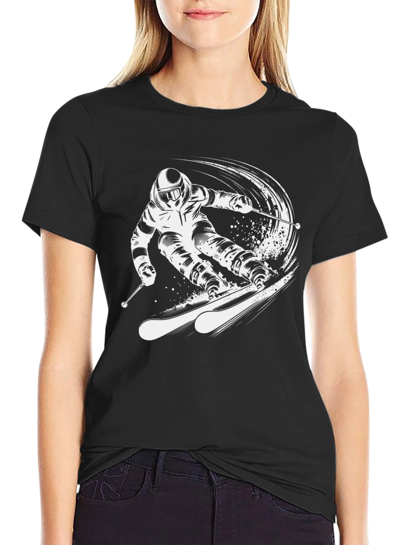 Black Skiing Graphic Tee - Black Cotton T-Shirt view 2