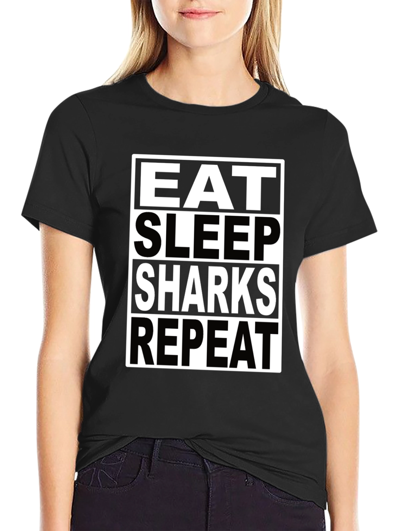 Black Eat Sleep Sharks Repeat Black T-Shirt view 2