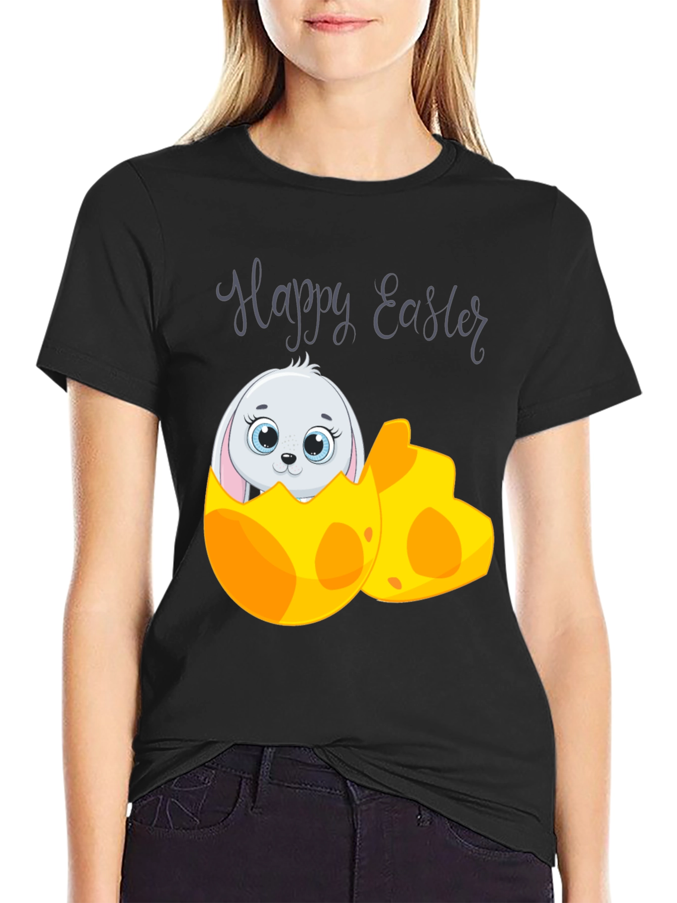 Black Happy Easter Bunny Egg T-Shirt view 2