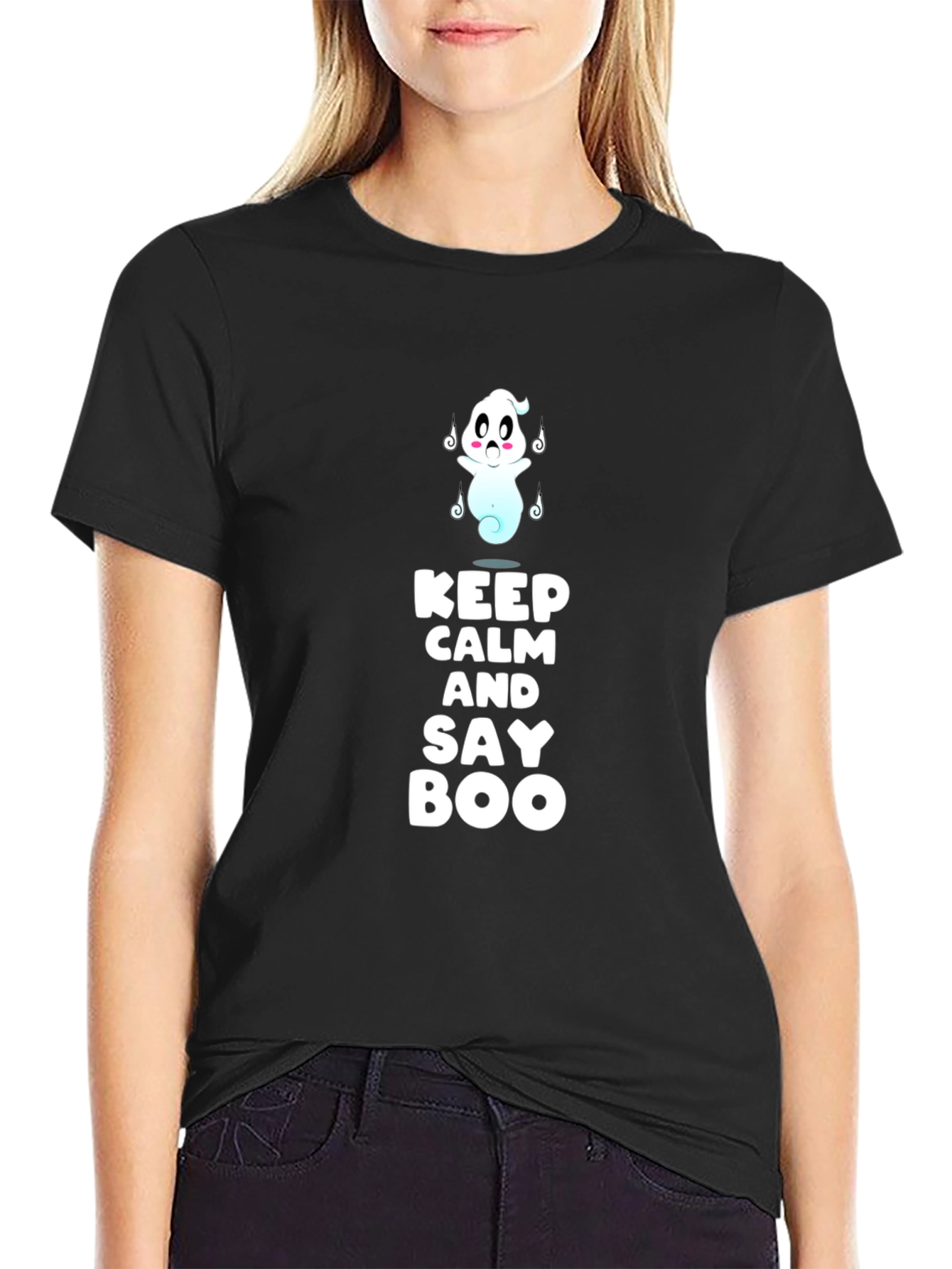 Black Keep Calm and Say Boo Ghost Graphic Tee view 2