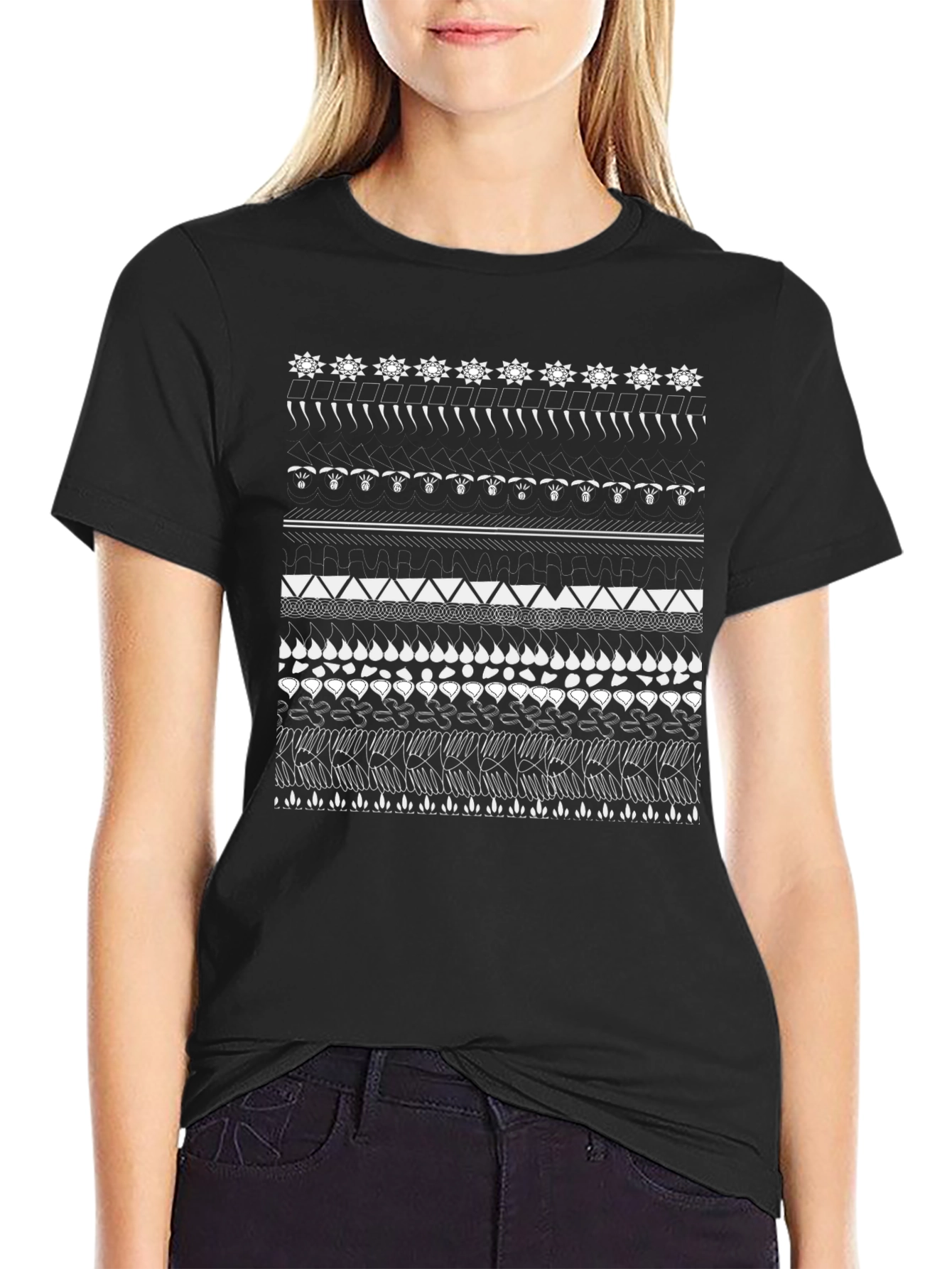 Black Geometric Pattern Black T-Shirt view 2