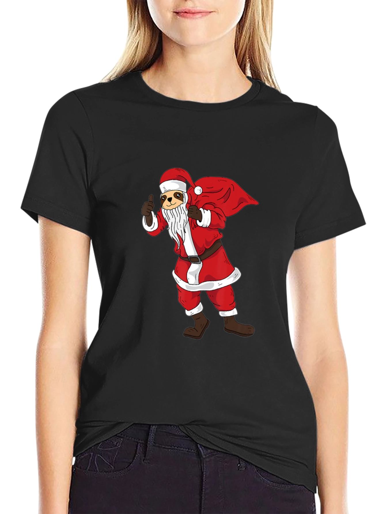 Black Santa Sloth Graphic T-Shirt - Holiday Cheer view 2