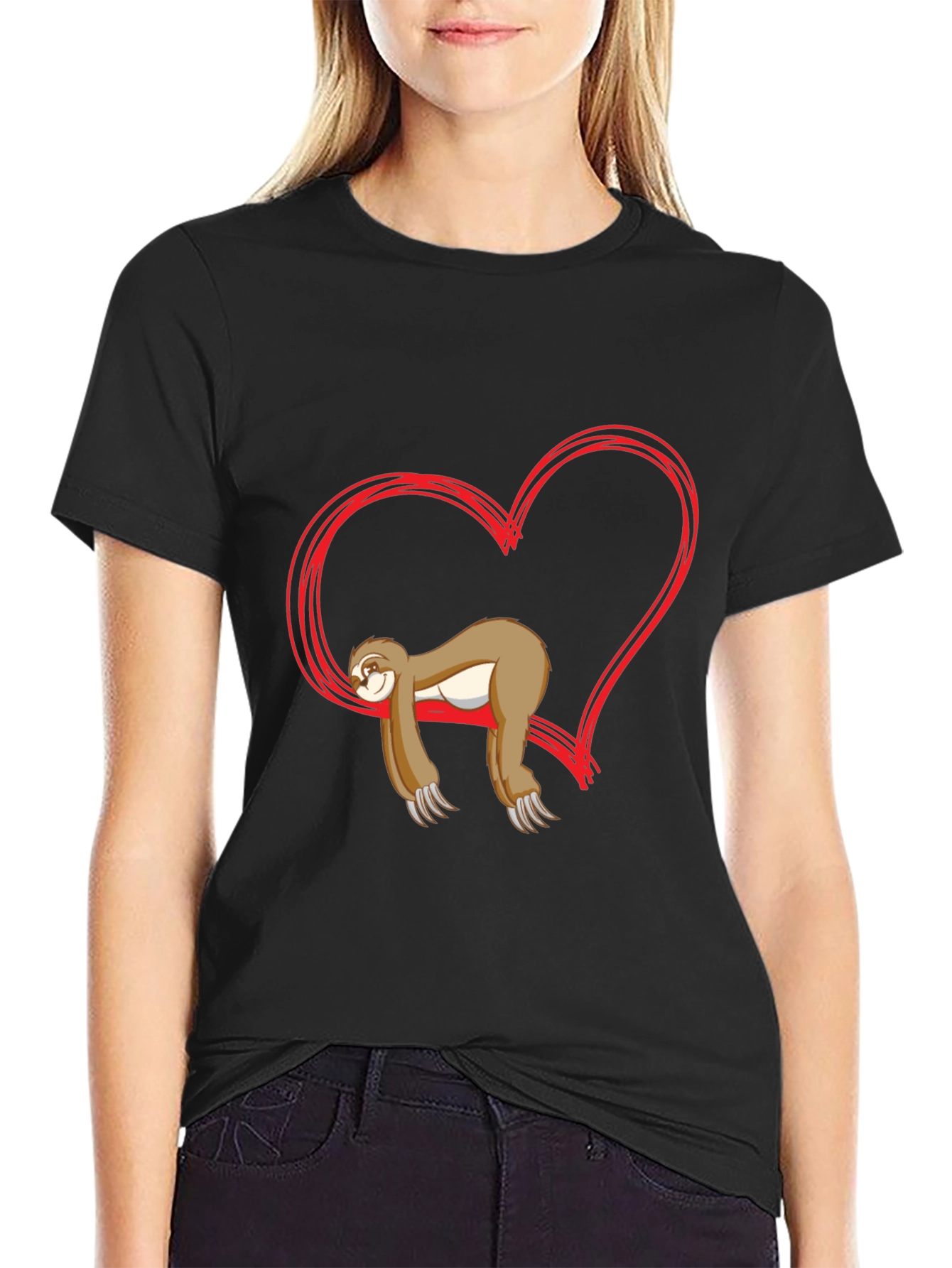 Black Sloth Heart Graphic Tee - Relaxed Fit Cotton T-Shirt view 2