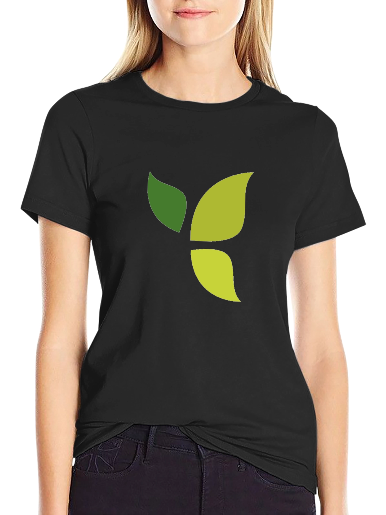 Black Green Leaf Graphic Black T-Shirt view 2