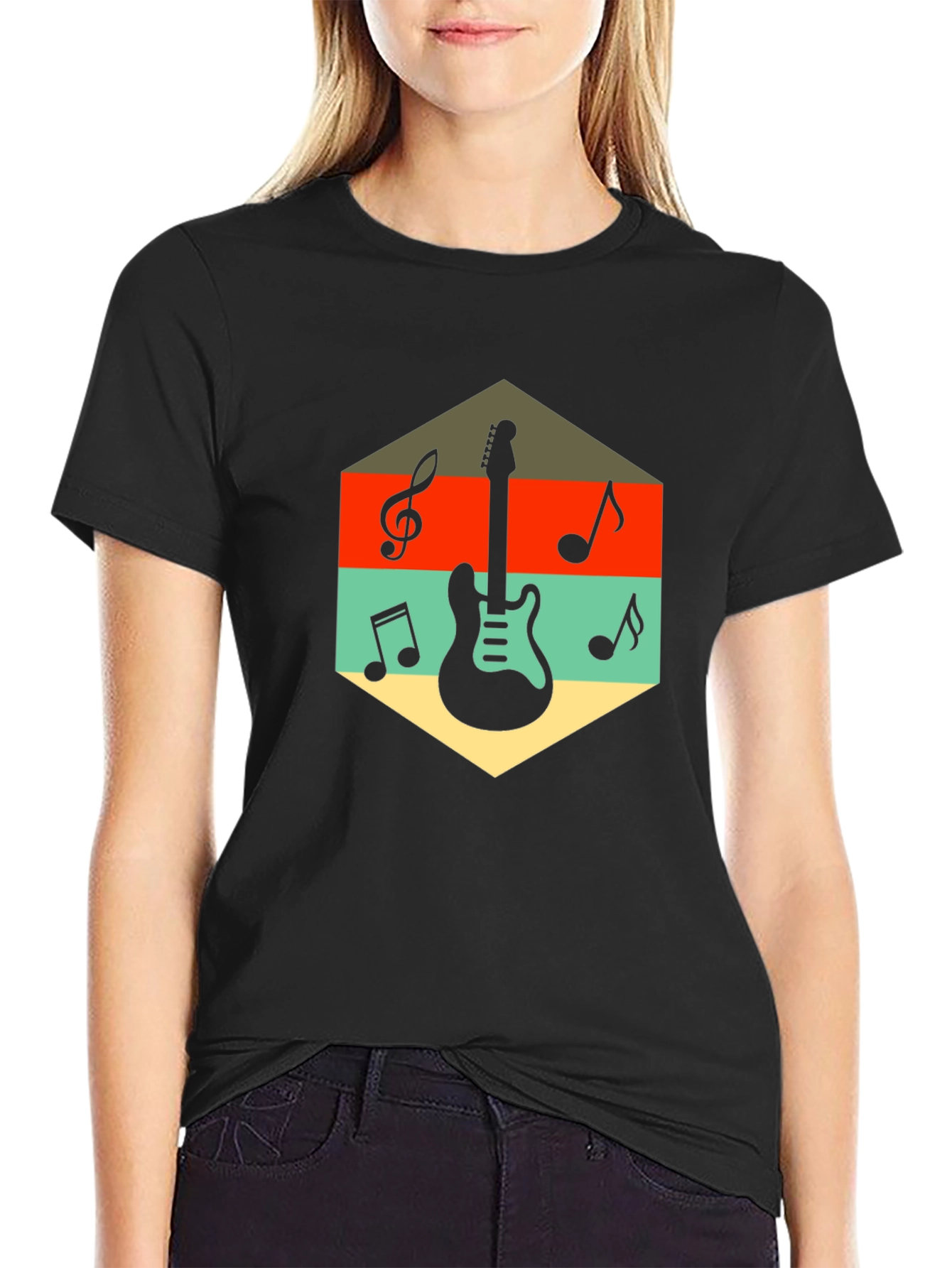 Black Retro Guitar & Music Note Graphic T-Shirt view 2