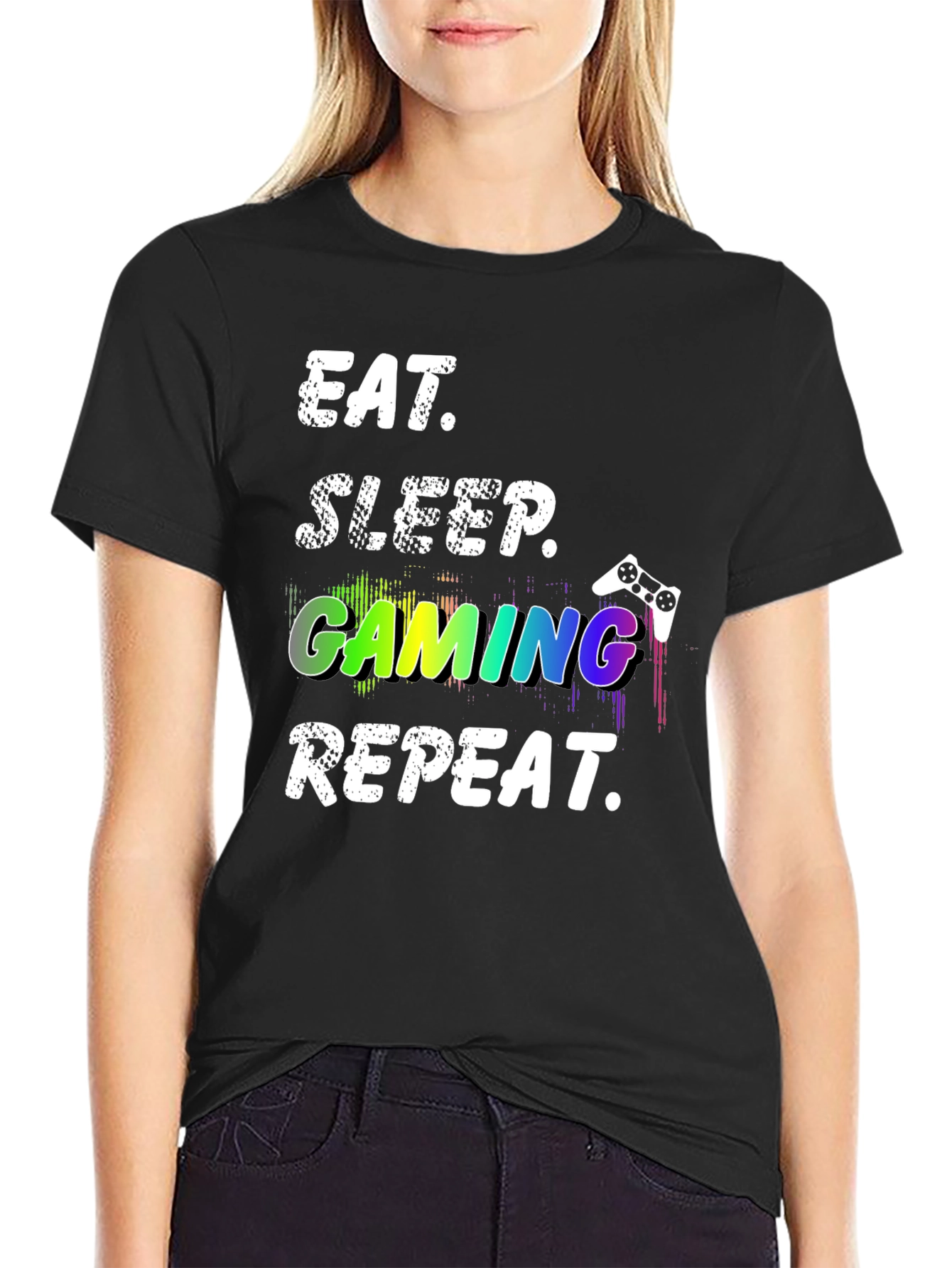 Black Eat Sleep Gaming Repeat Black T-Shirt view 2