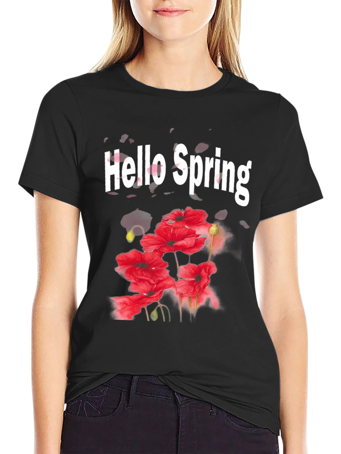 Black Hello Spring T-Shirt - Floral Design Black Tee view 2