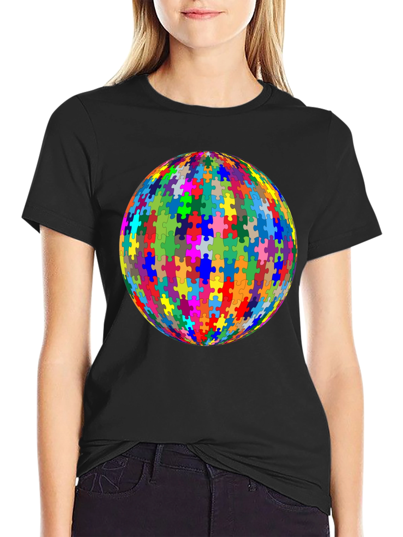Black Puzzle Piece Sphere Graphic Tee - Black Cotton Casual Shirt view 2