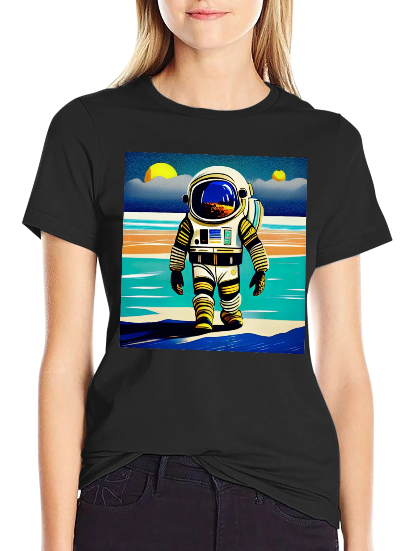 Black Astronaut Beach T-Shirt - Retro Space Adventure Tee view 2