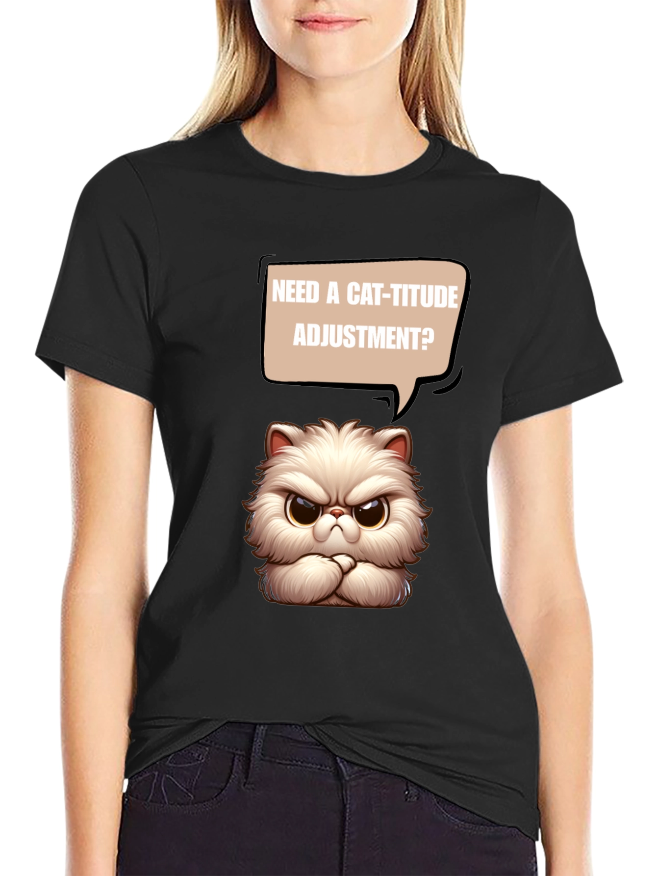 Black Cat-itude T-Shirt - Funny Grumpy Cat Design view 2