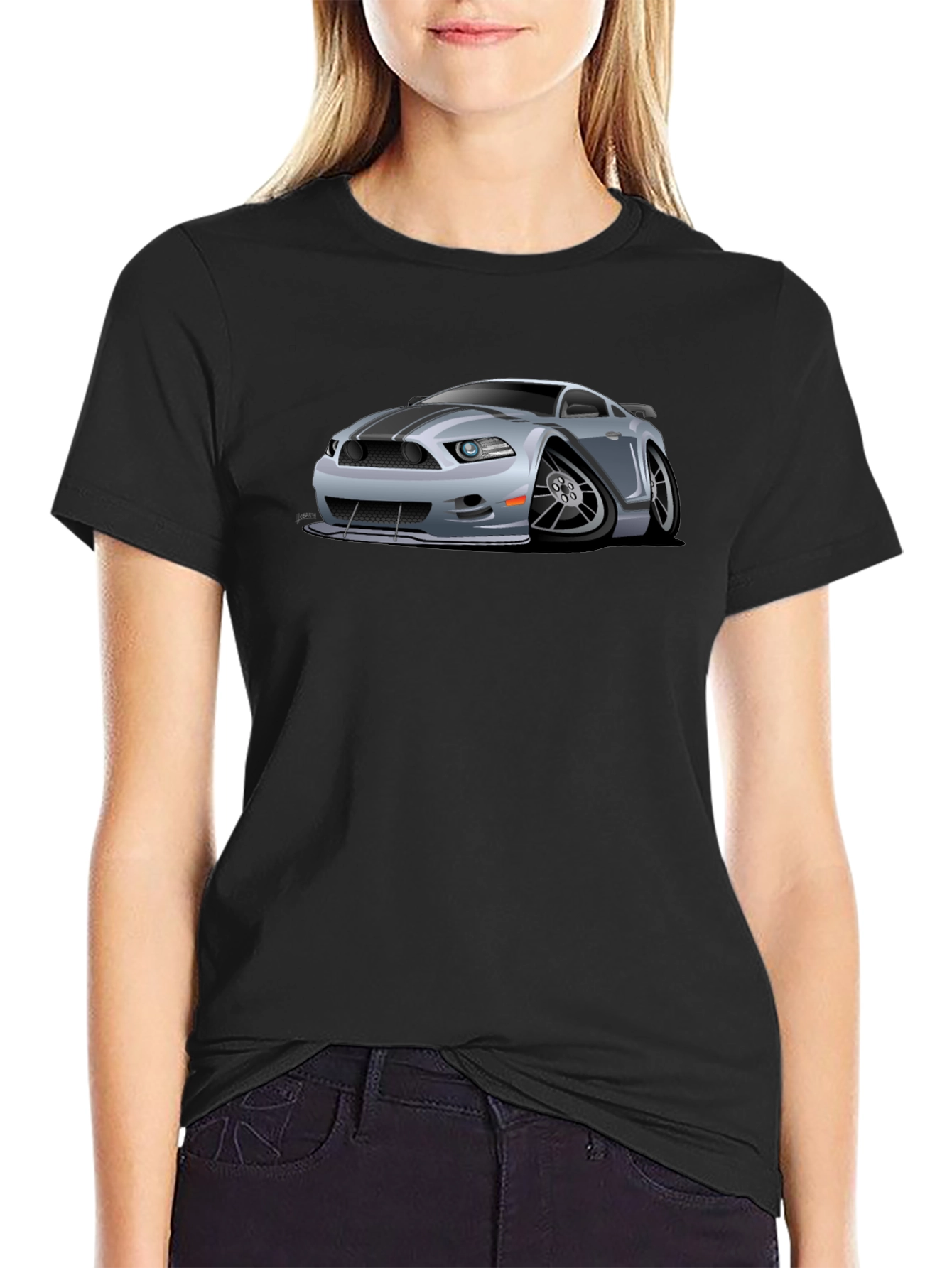 Black Car Cartoon Graphic Print Black T-Shirt view 2
