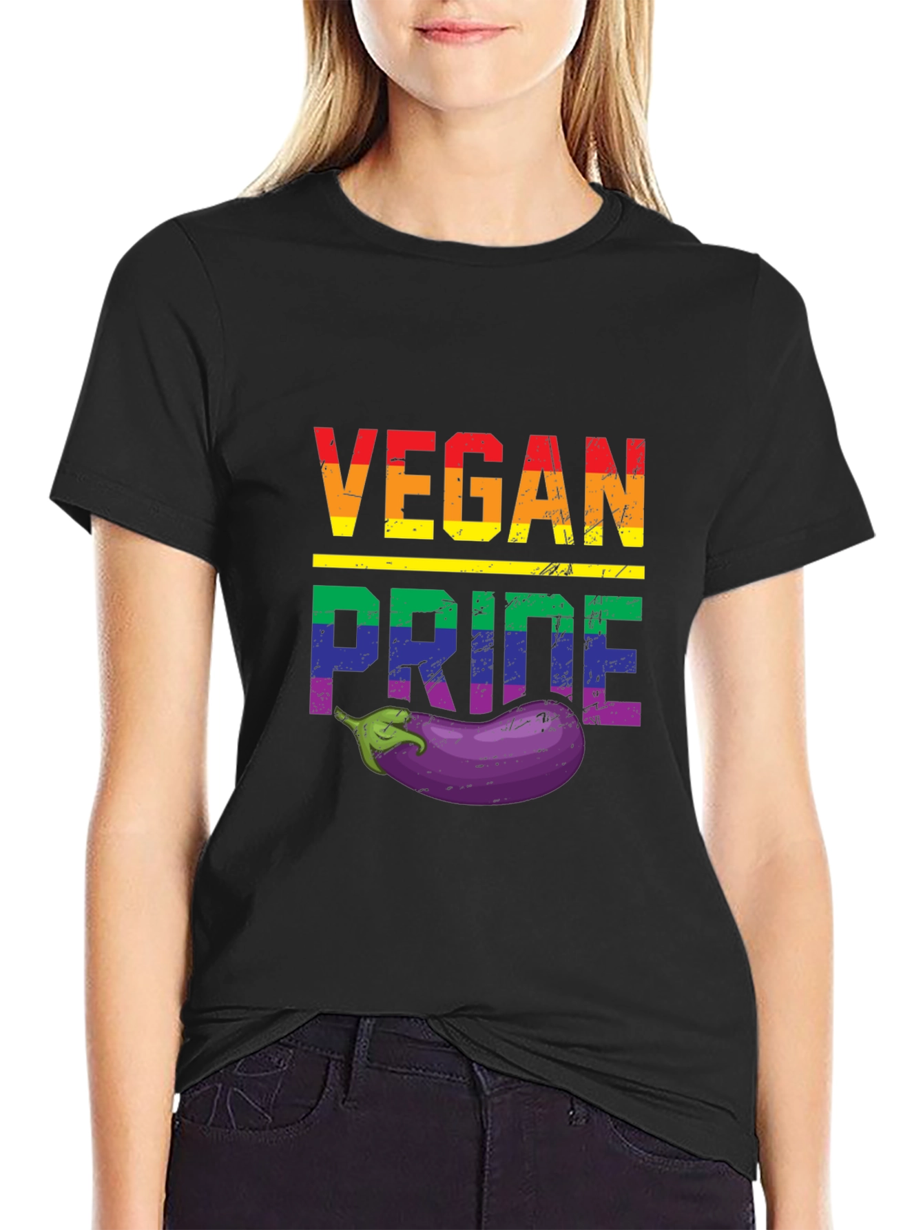 Black Vegan Pride T-Shirt with Eggplant view 2