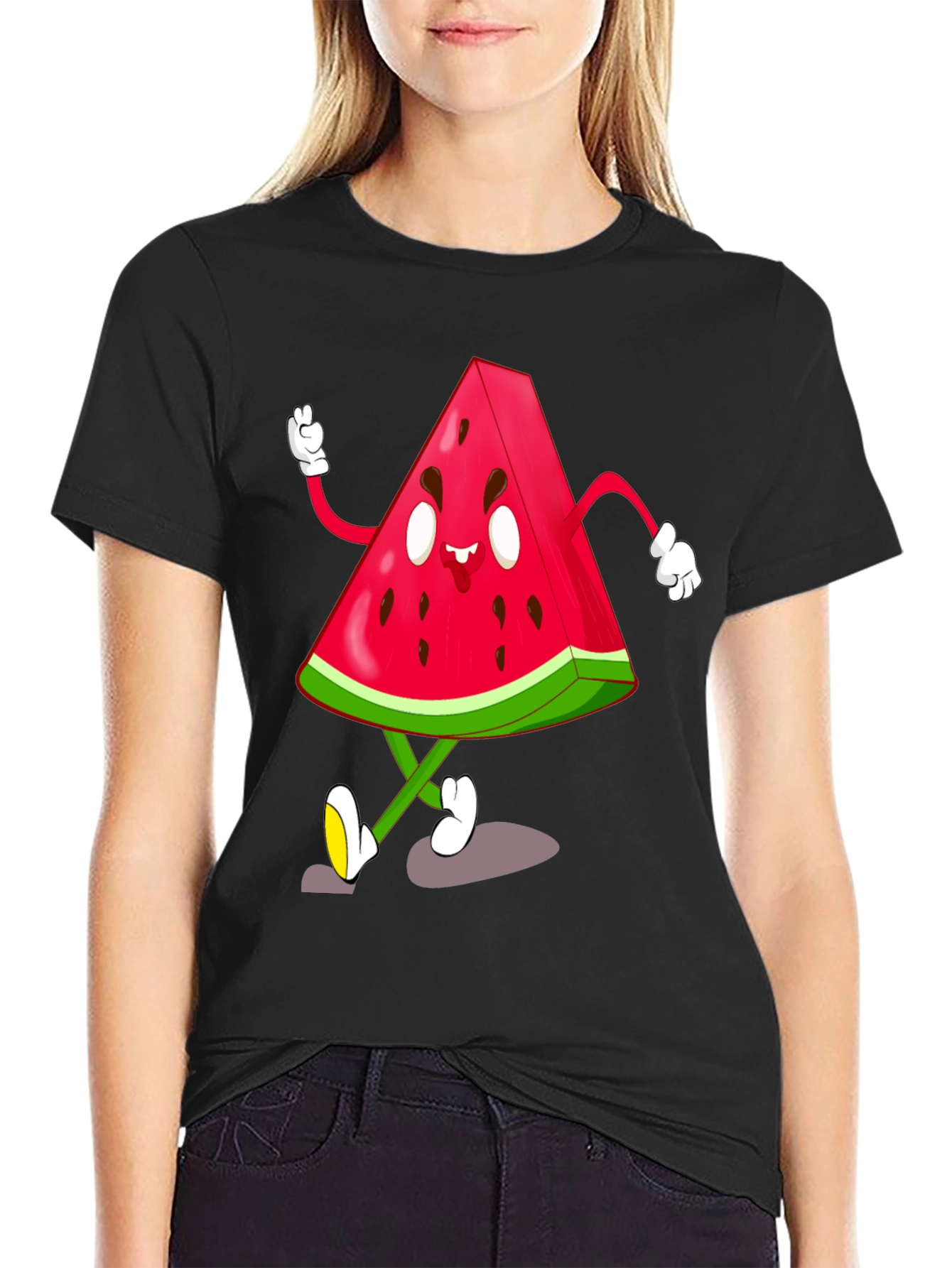 Black Watermelon Cartoon Graphic Black T-Shirt view 2