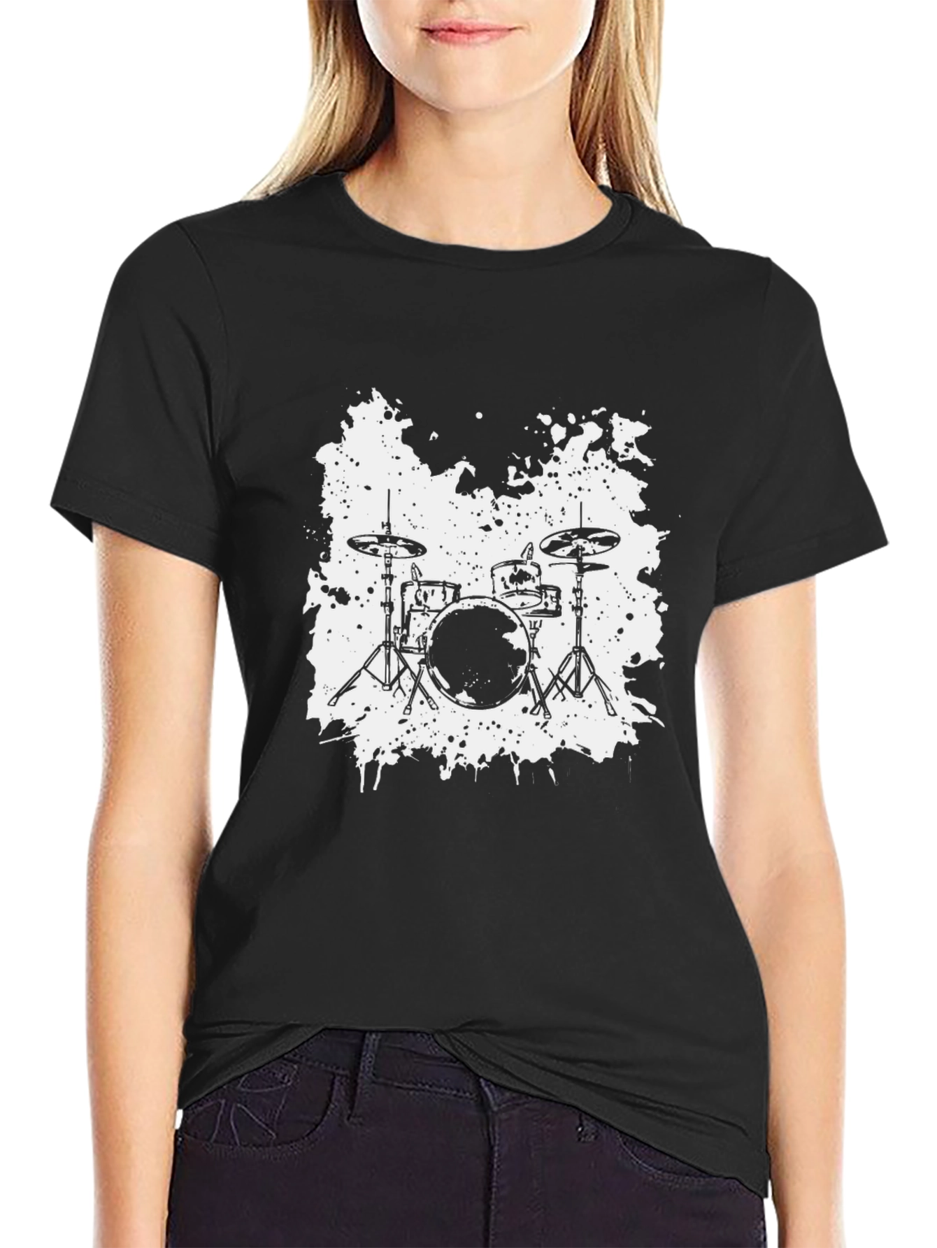 Black Drum Set Graphic T-Shirt - Black Cotton Tee for Music Lovers view 2