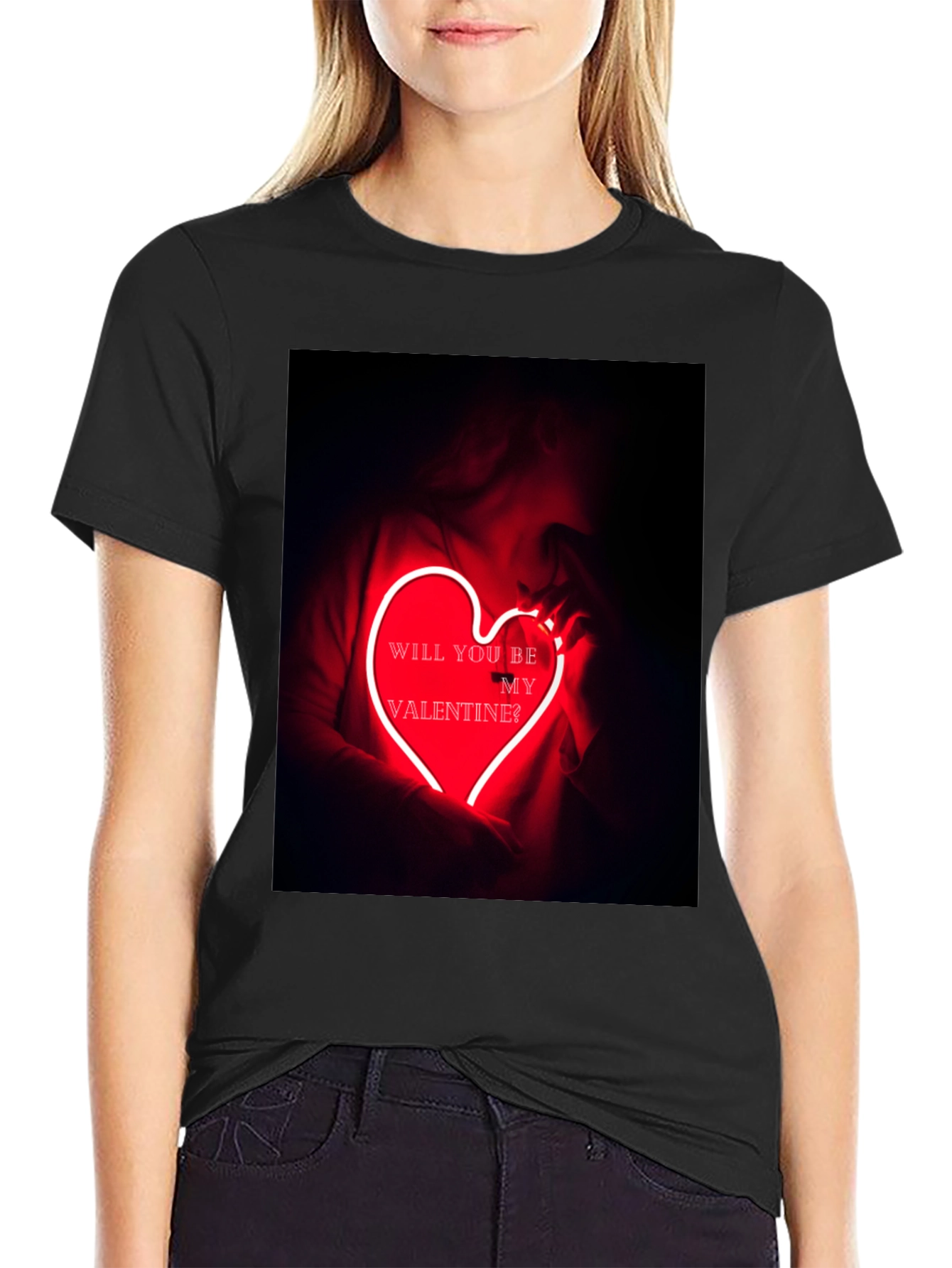 Black Valentine's Day Graphic Tee - Neon Heart T-Shirt view 2
