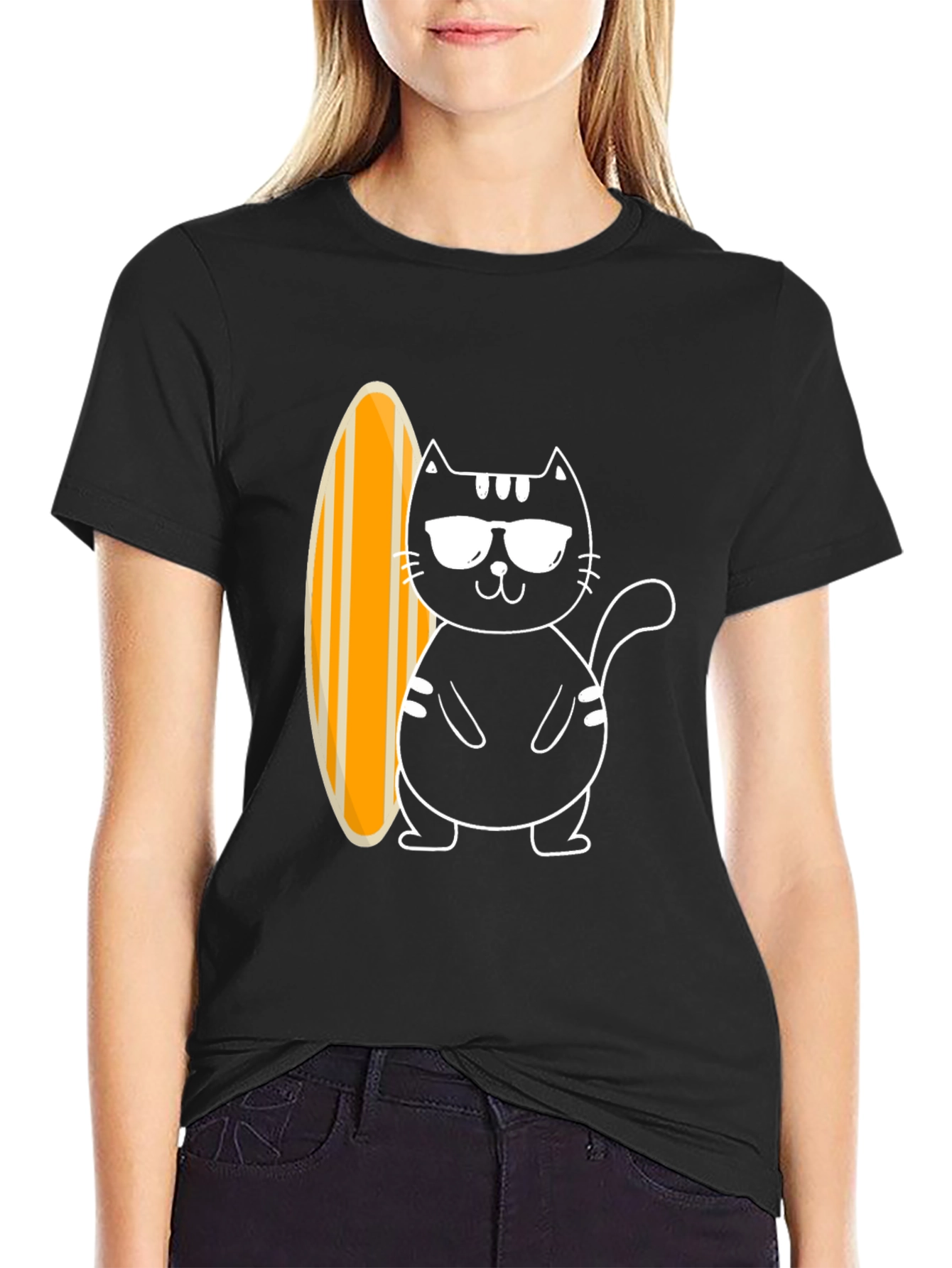 Black Cool Cat Surfboard Graphic Tee - Black Cotton T-Shirt view 2