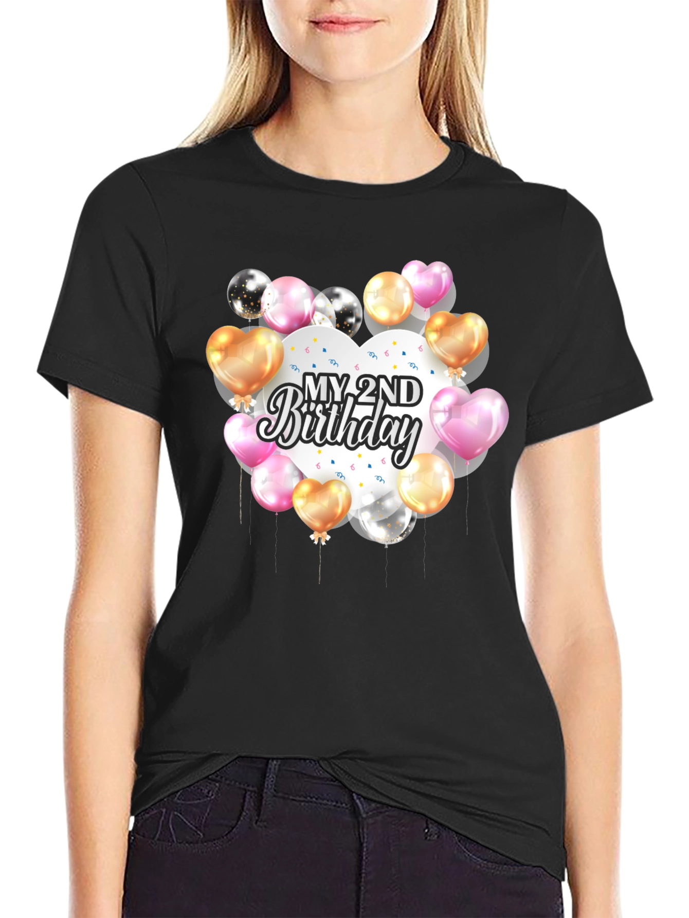 Black My 2nd Birthday Balloons T-Shirt view 2