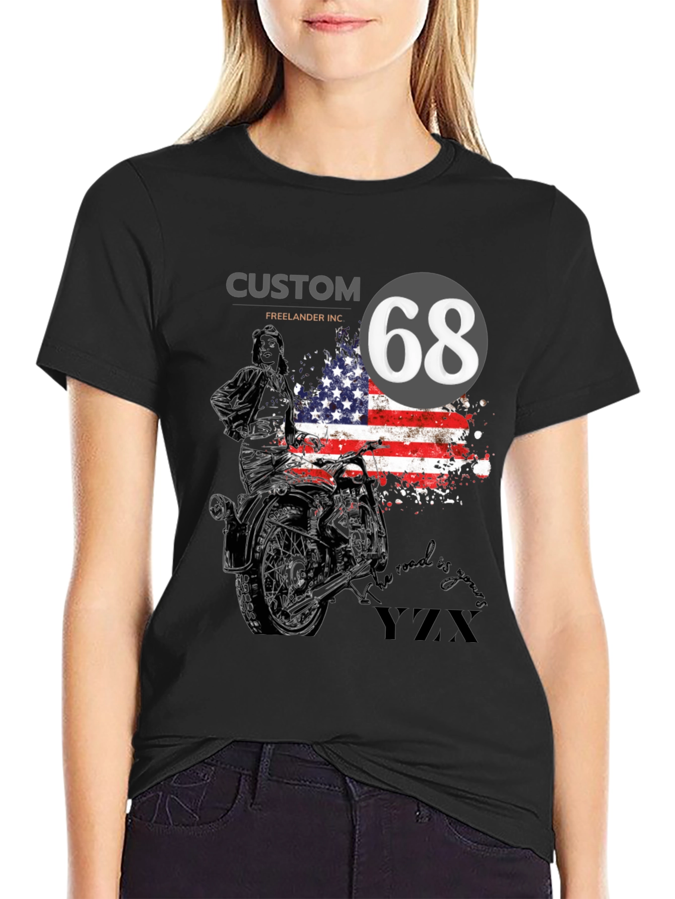 Black Custom 68 American Flag Motorcycle T-Shirt view 2