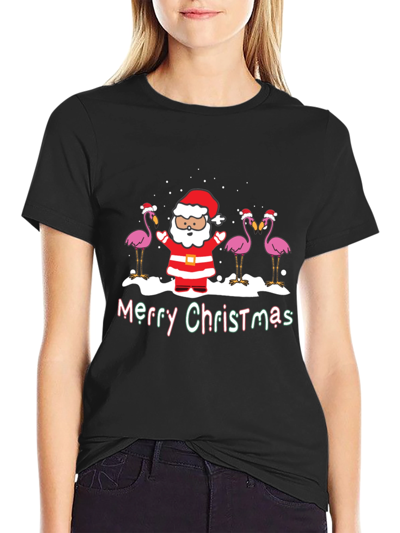 Black Merry Christmas Flamingo Santa Graphic Tee view 2