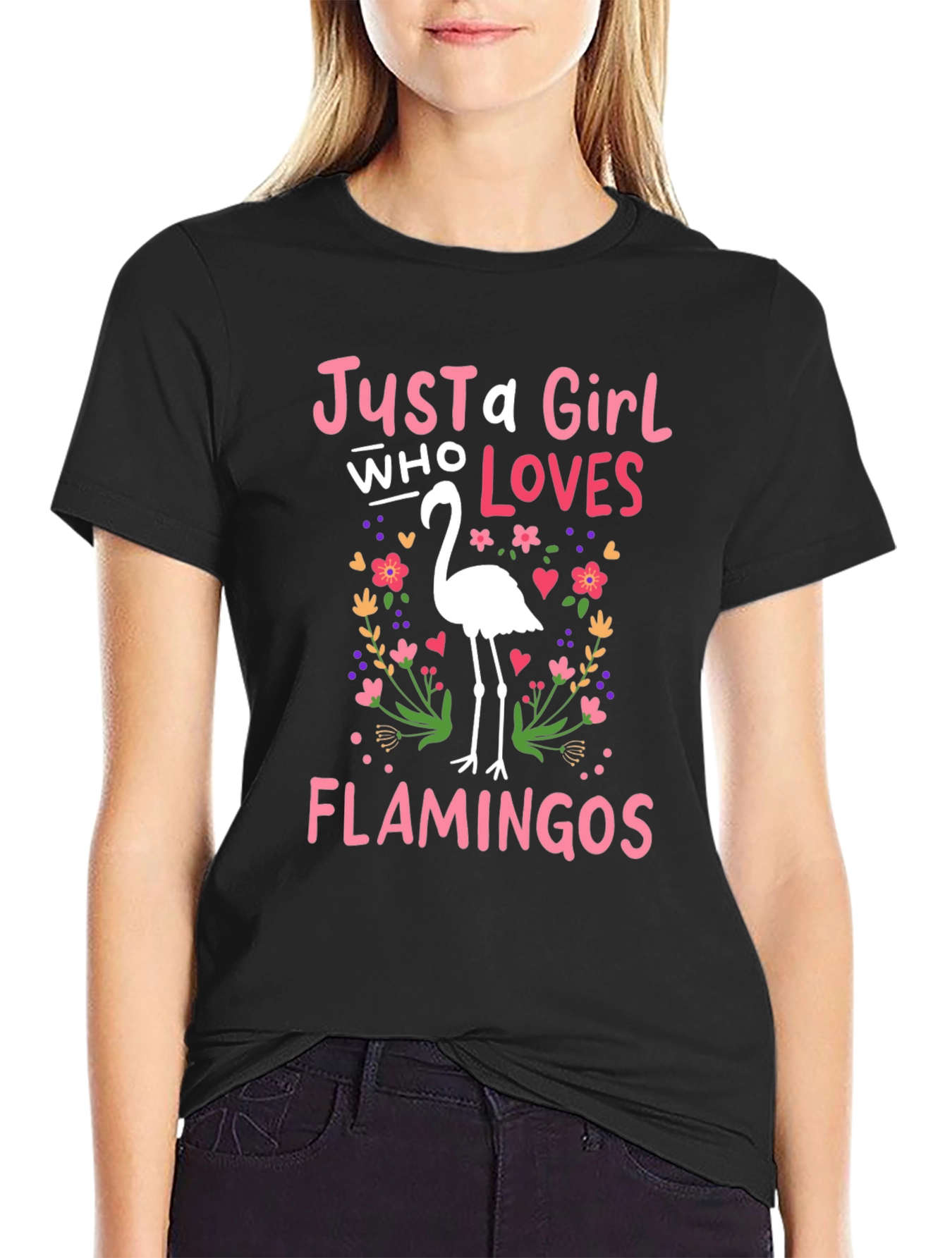 Black Just a Girl Who Loves Flamingos T-Shirt view 2