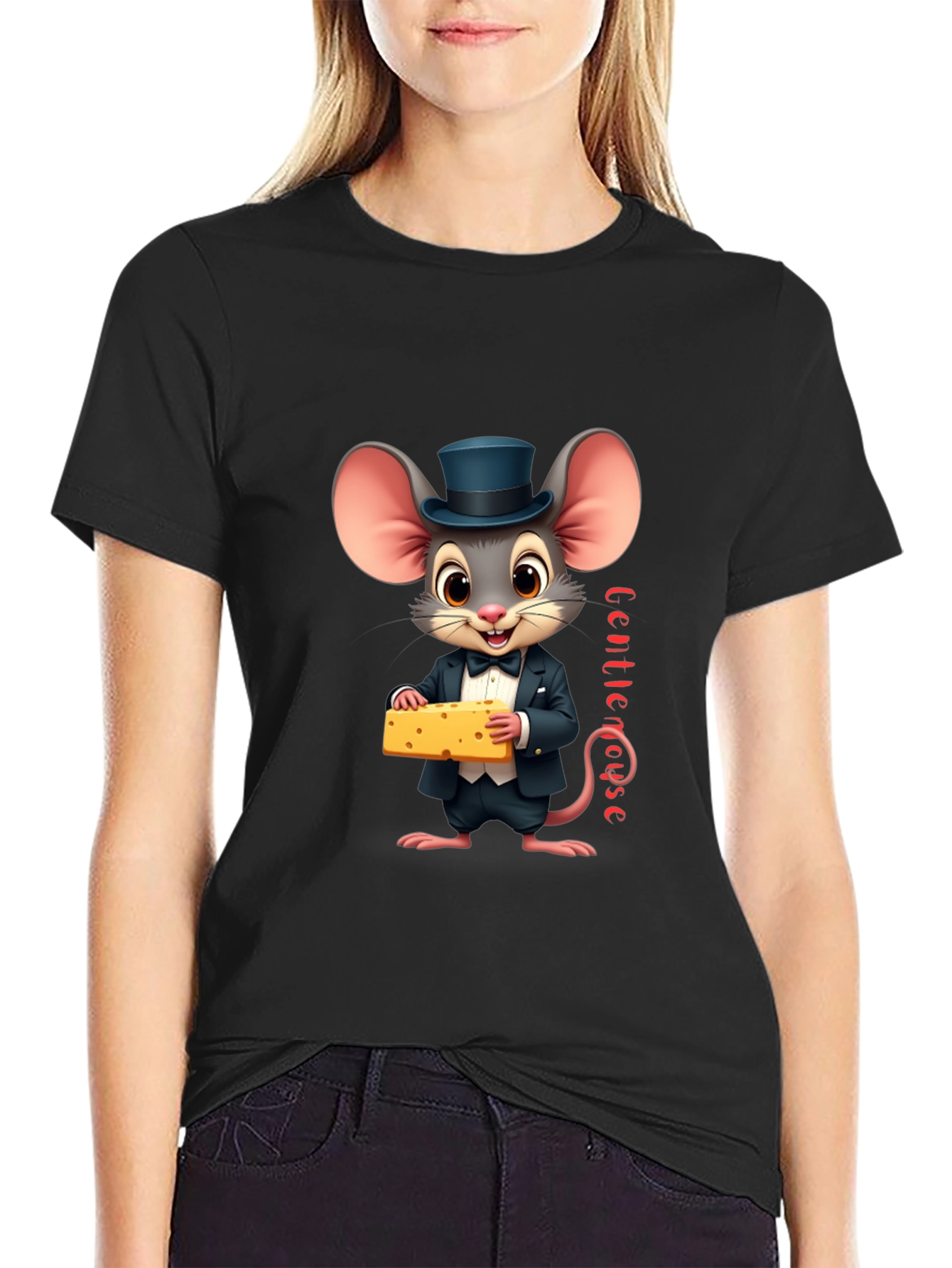 Black Gentle Mouse Cheese T-Shirt - Funny Cartoon Tee view 2