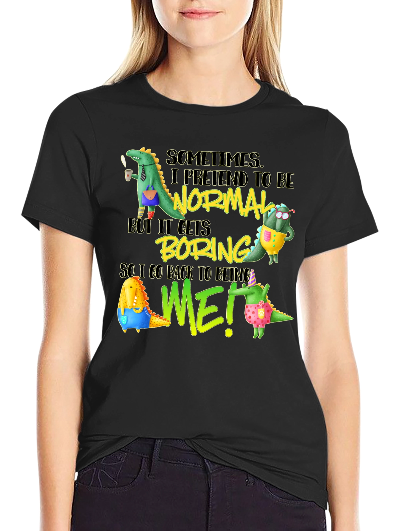 Black Funny Dinosaur Graphic Tee - Be Yourself T-Shirt view 2