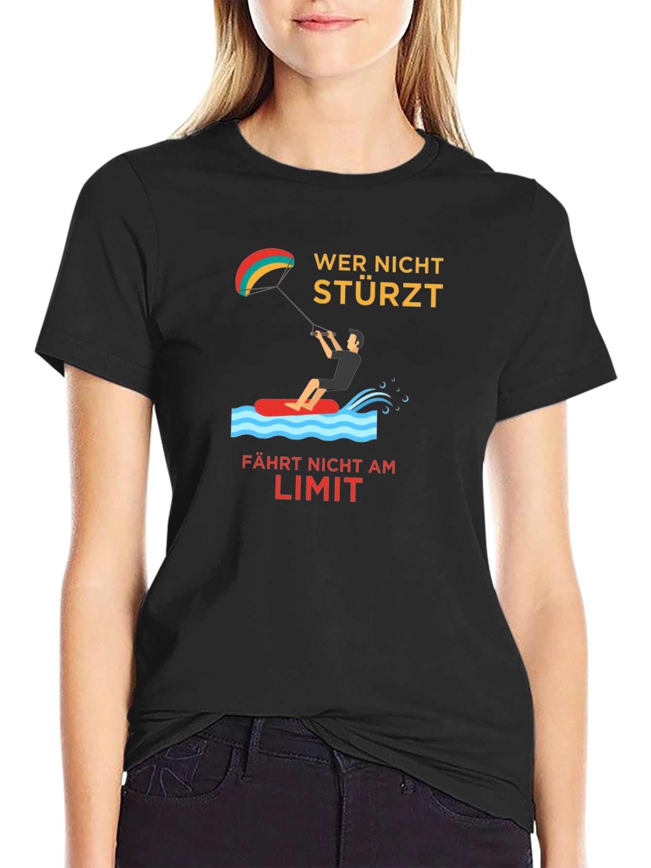 Black Kitesurfing Tee -  Wer Nicht Stürzt Design view 2