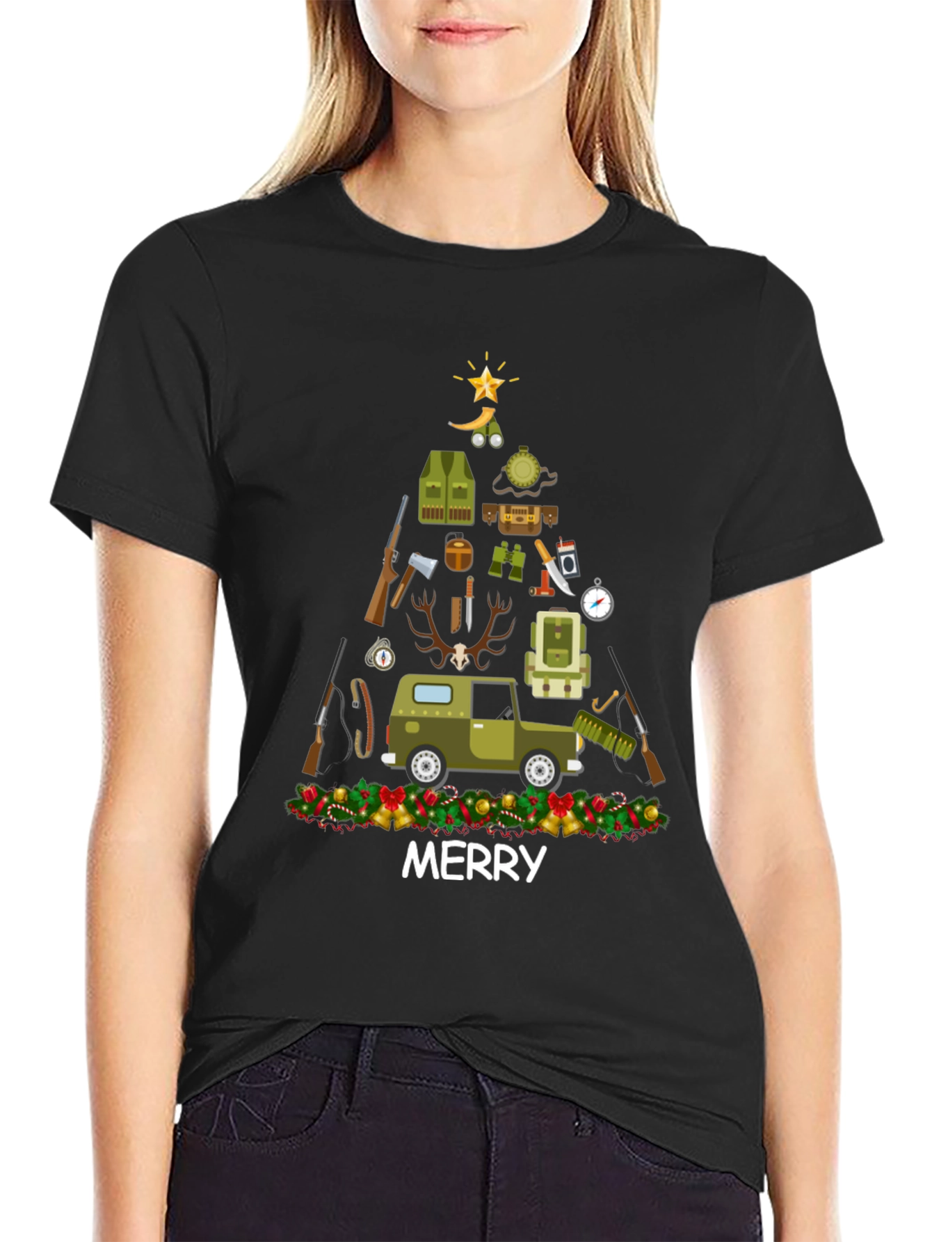 Black Merry Hunting Christmas Tree T-Shirt view 2