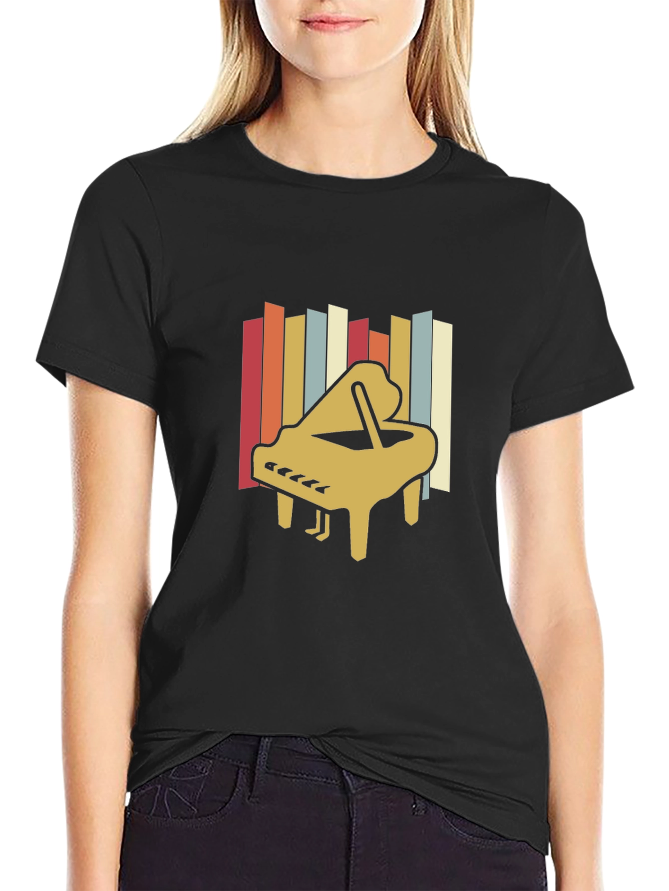 Black Retro Piano T-Shirt - Vintage Style Music Tee view 2