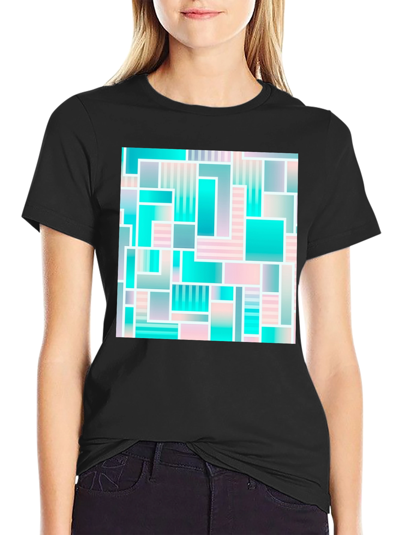 Black Geometric Abstract Teal & Pink T-Shirt view 2
