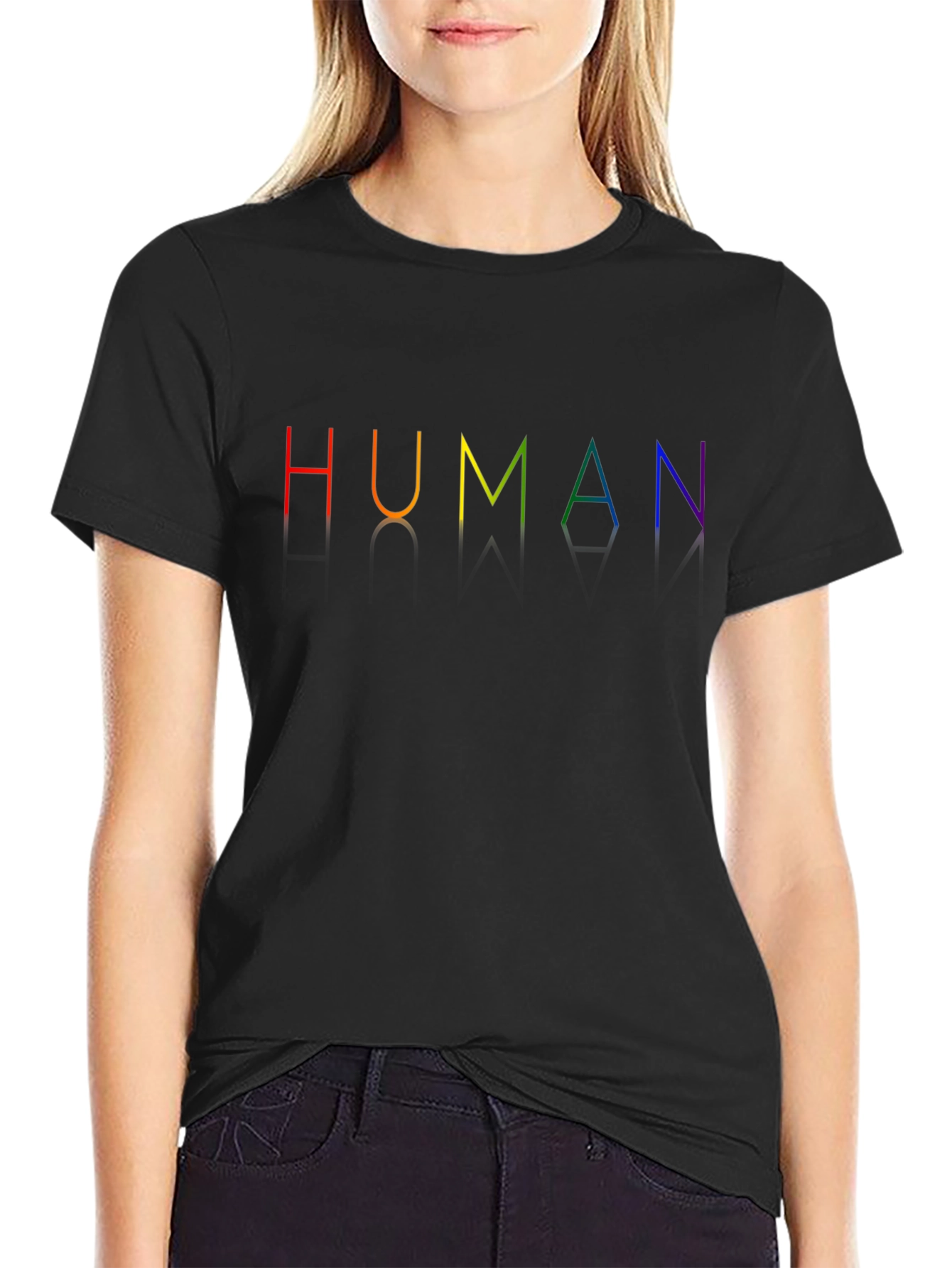 Black Human Rainbow Pride T-Shirt - Black Crew Neck view 2