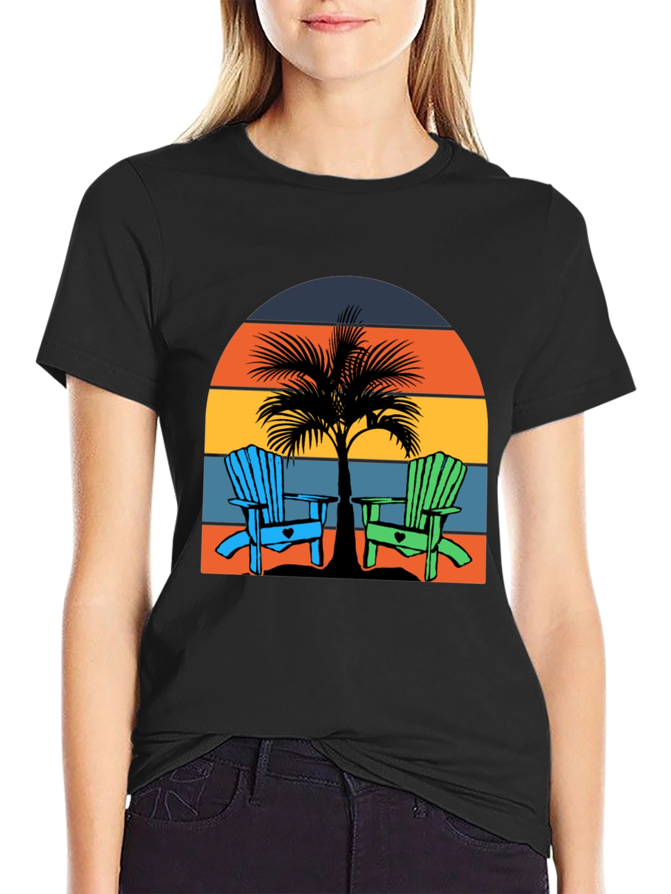 Black Beach Chair Palm Tree Graphic Tee - Coastal Vibes! view 2