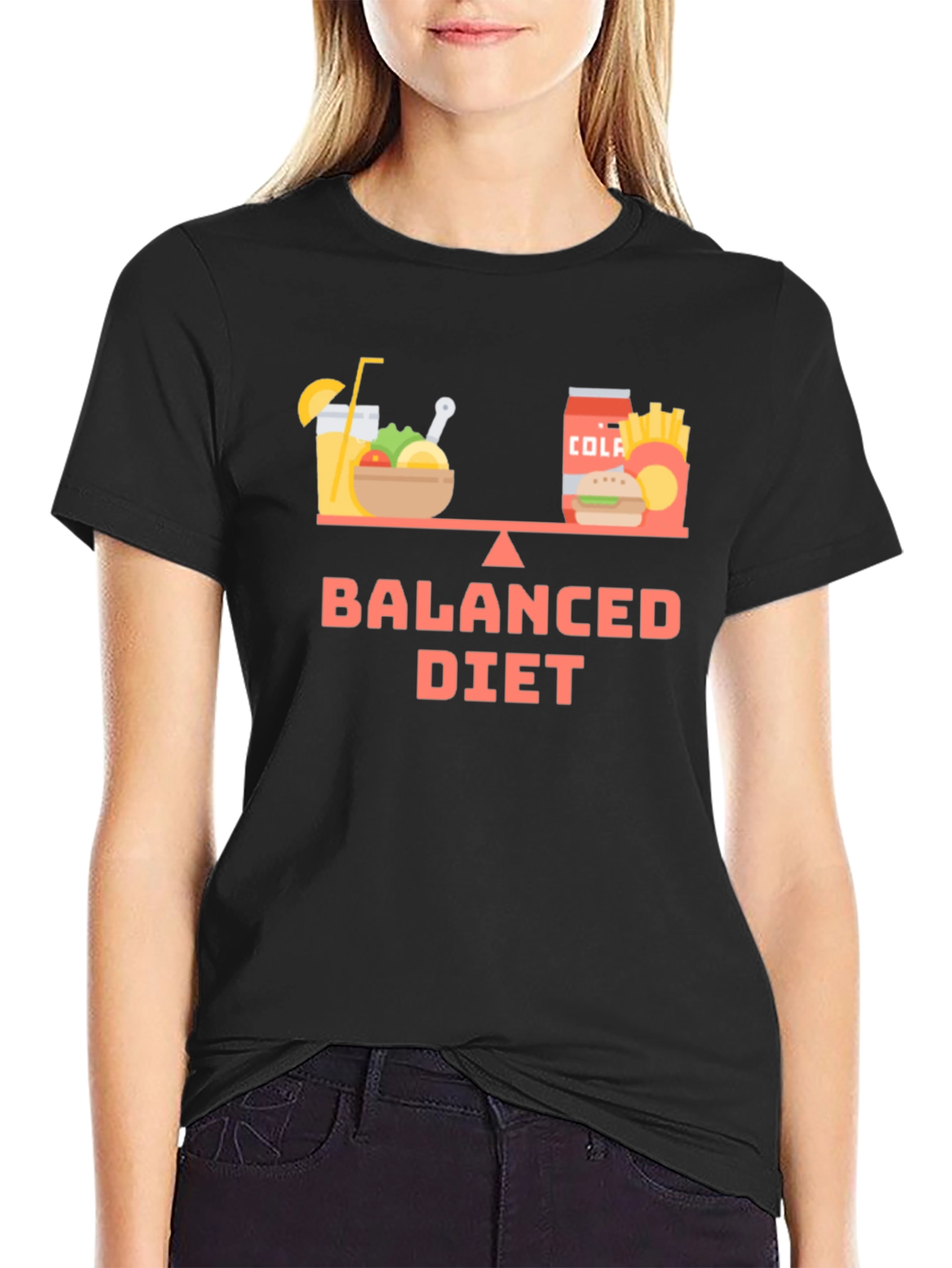 Black Balanced Diet T-Shirt - Funny Foodie Tee view 2