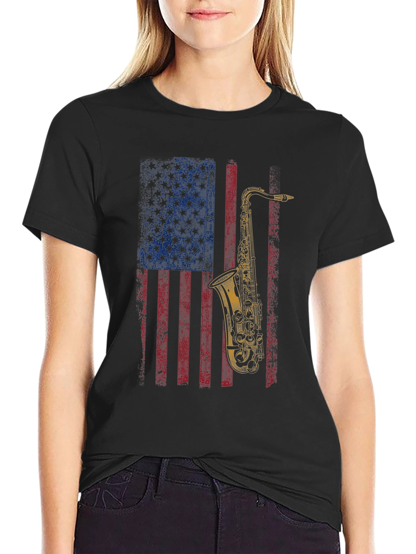 Black Saxophone American Flag Graphic T-Shirt view 2