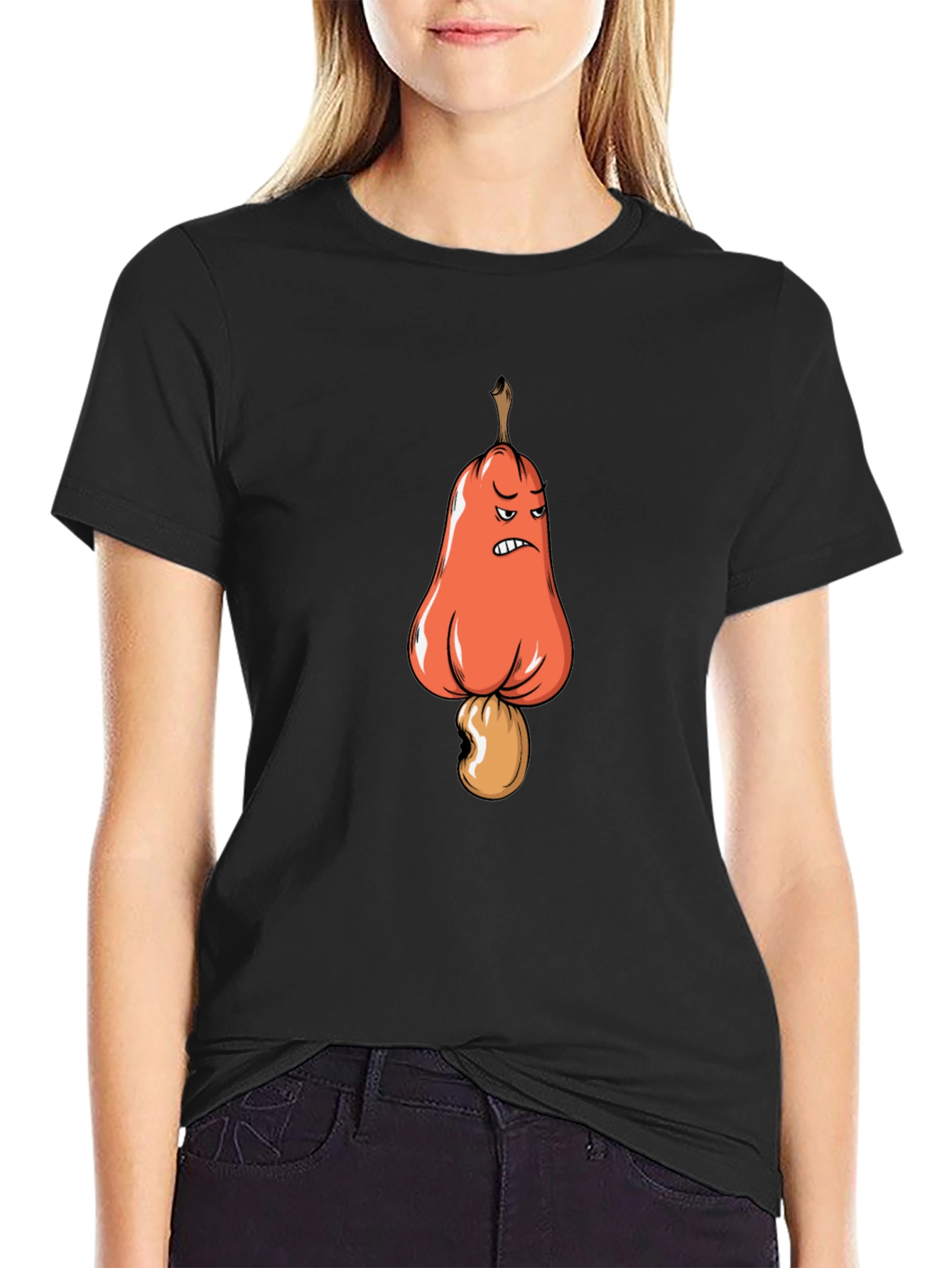 Black Angry Cashew Cartoon Graphic Black T-Shirt view 2