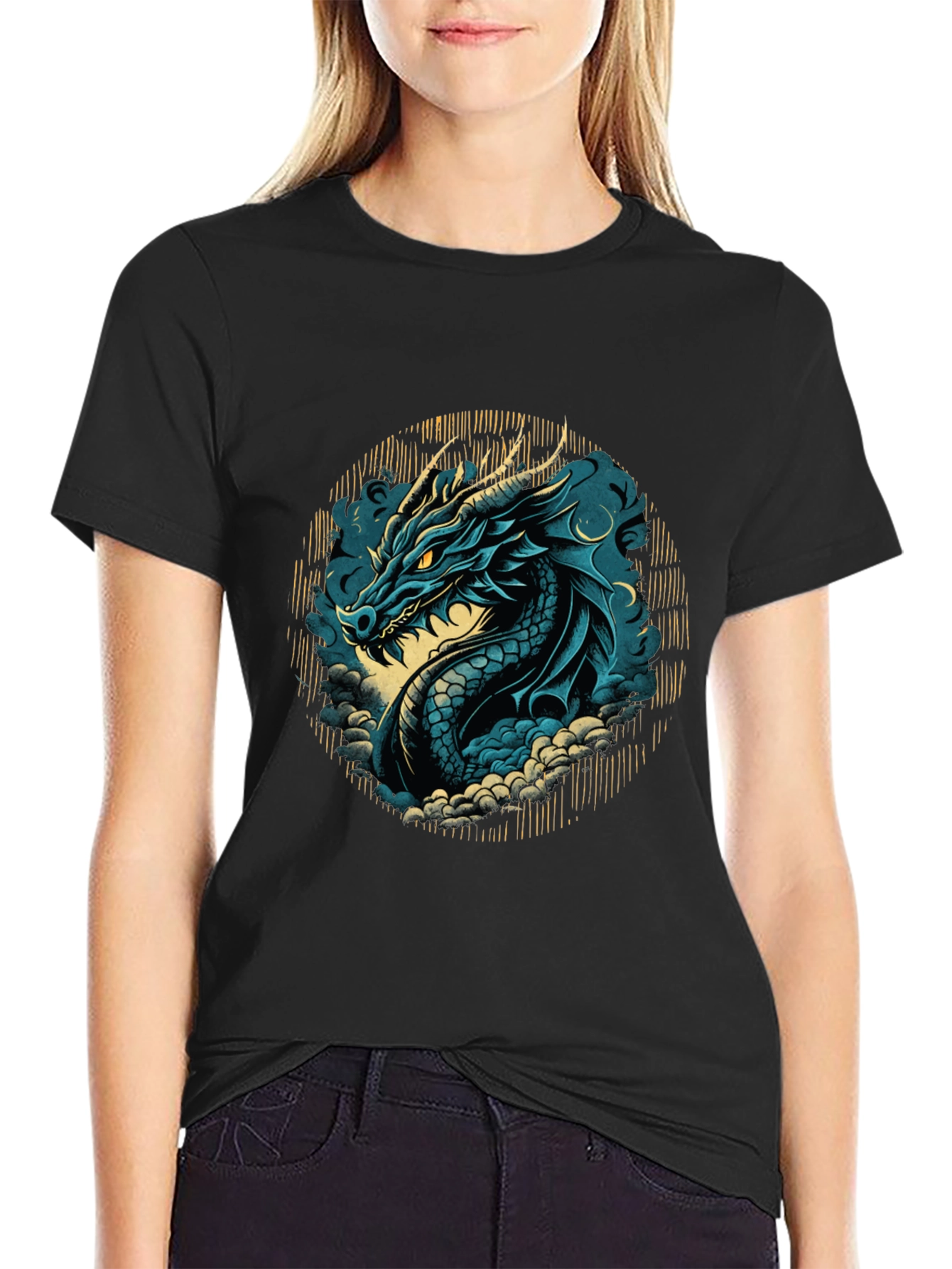 Black Blue Dragon Graphic Tee - Fantasy Style Shirt view 2