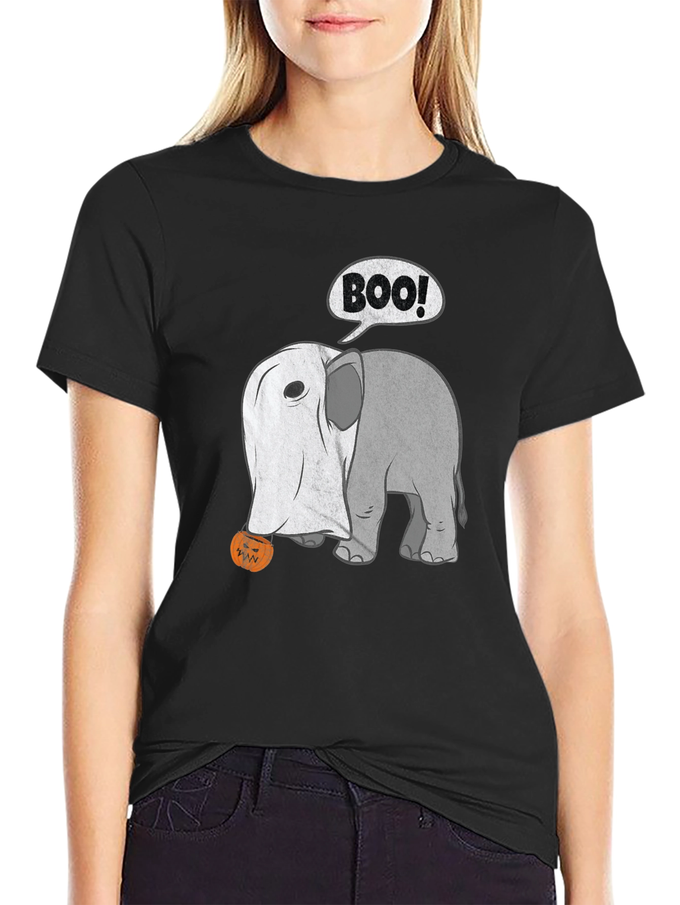 Black Halloween Elephant Boo! T-Shirt view 2