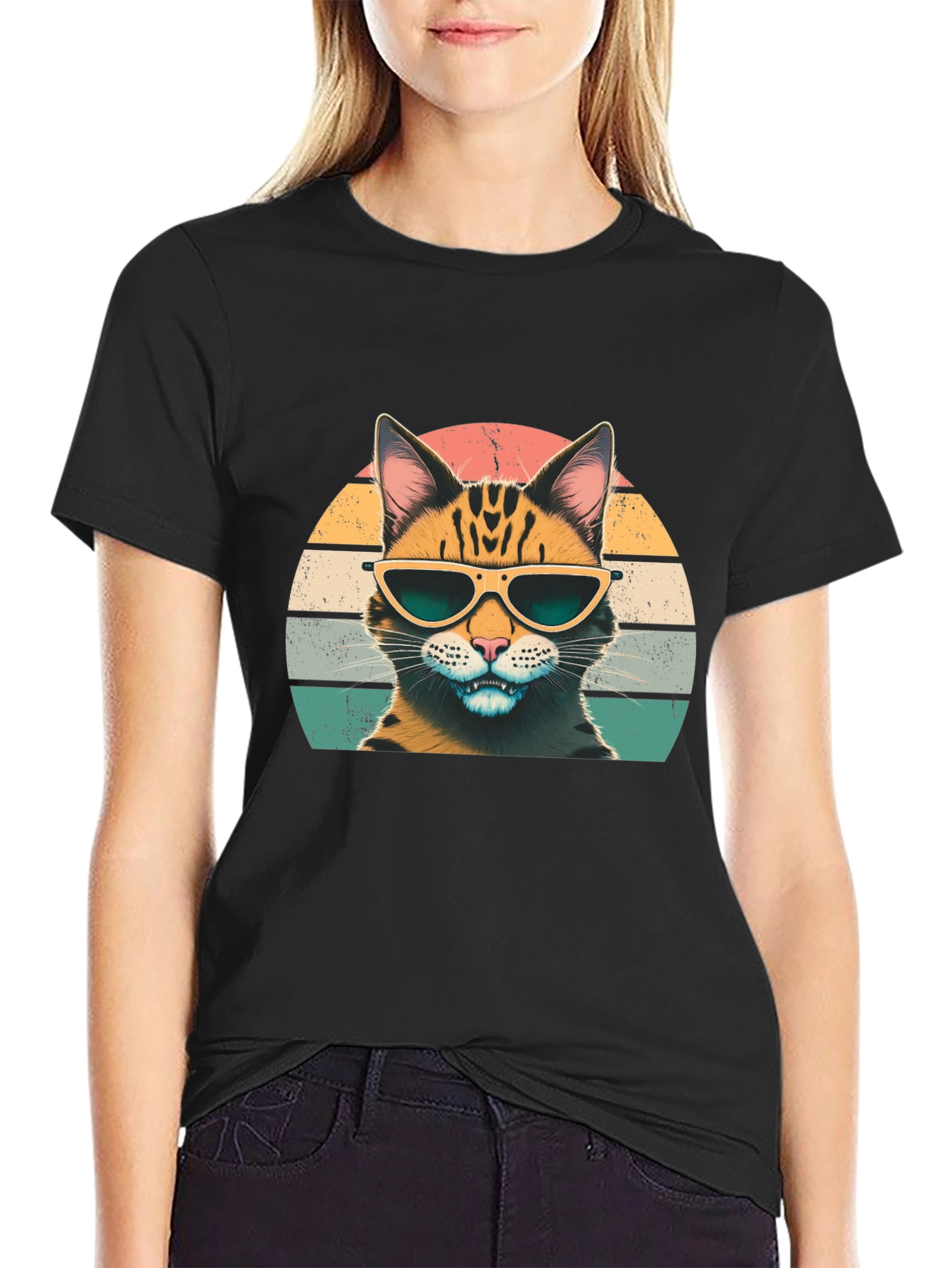 Black Cool Cat Graphic Tee - Retro Style view 2