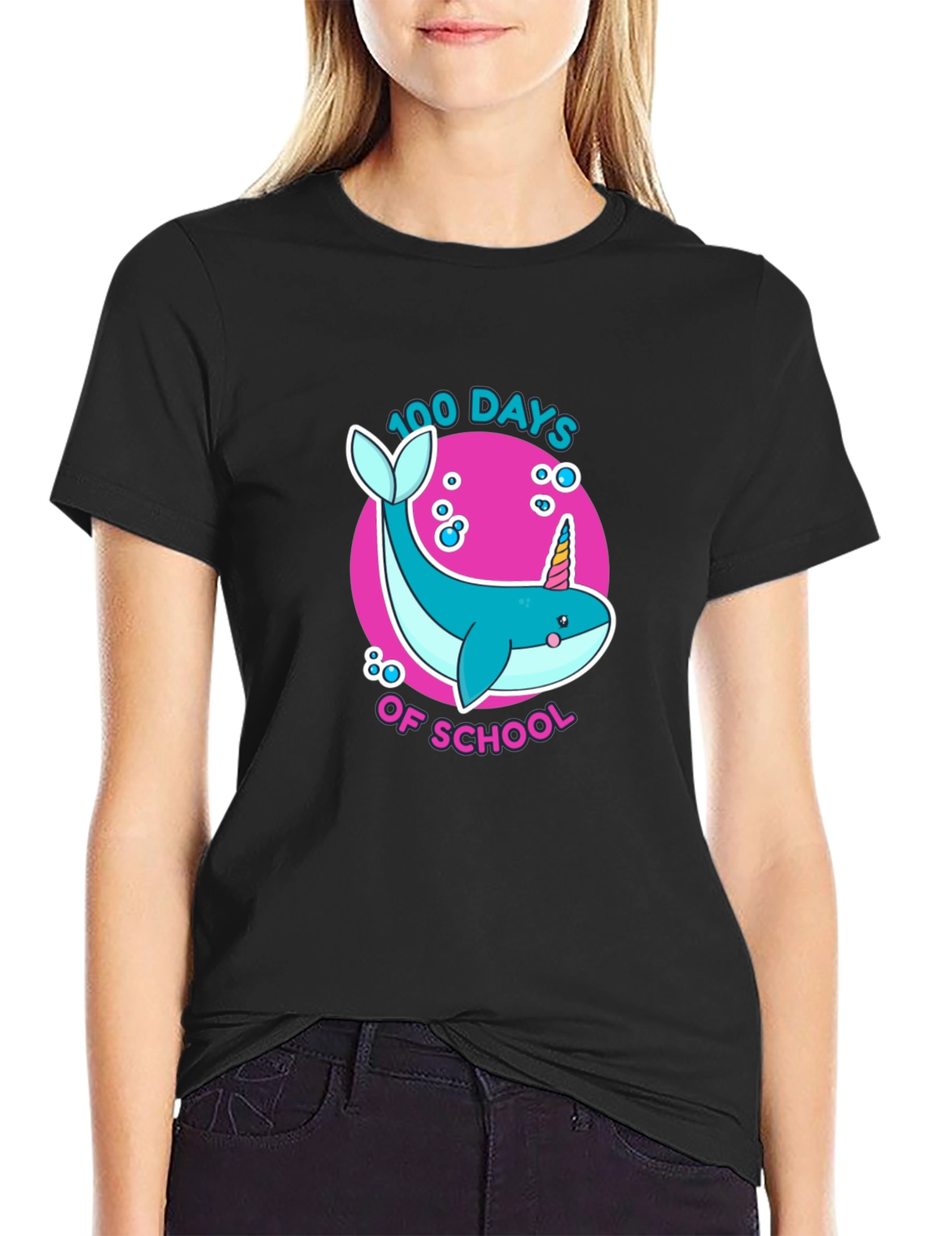 Black 100 Days of School Narwhal Unicorn Kids T-Shirt view 2