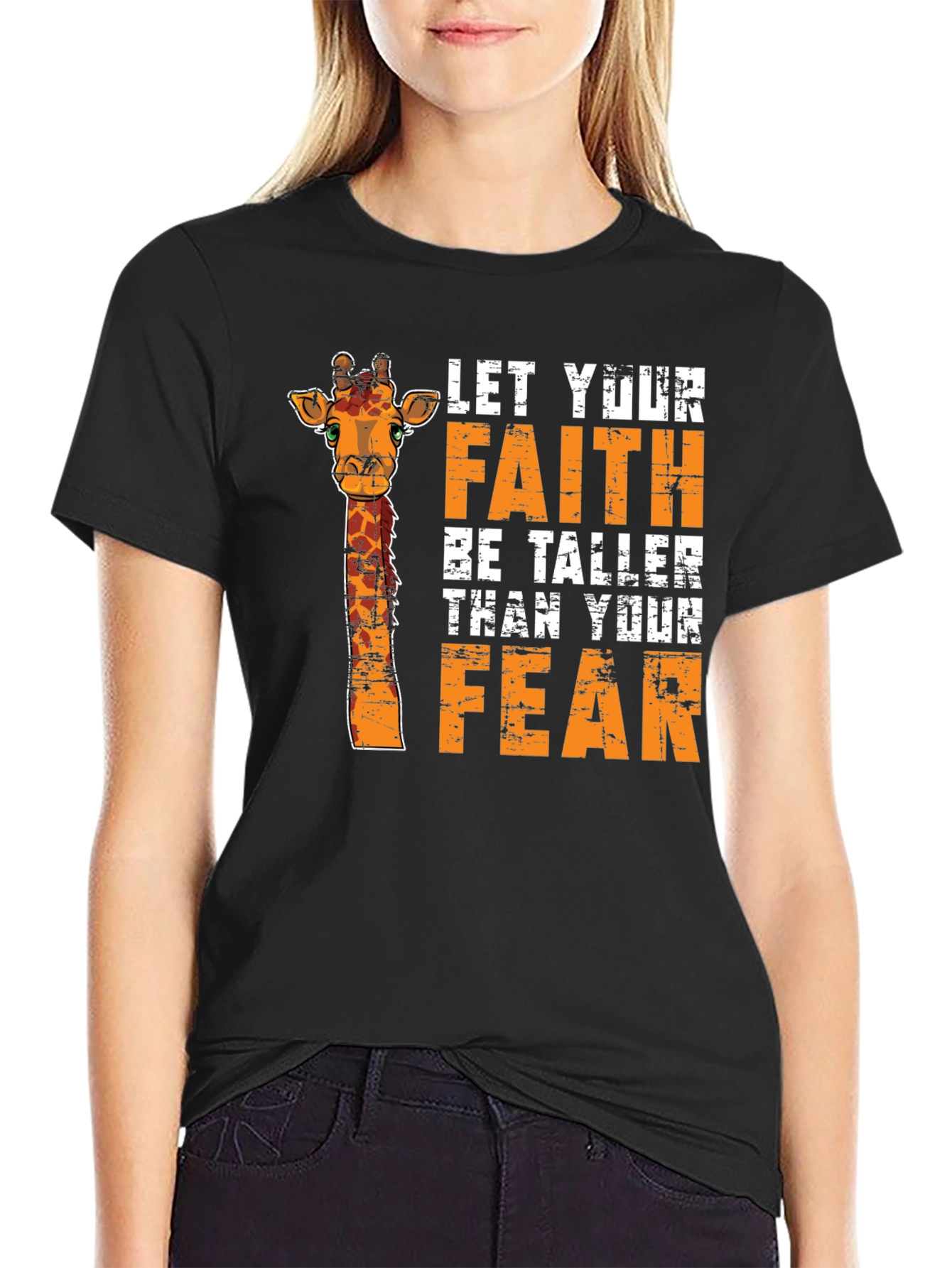 Black Faith Over Fear Giraffe Graphic Tee - Unisex Black T-Shirt view 2
