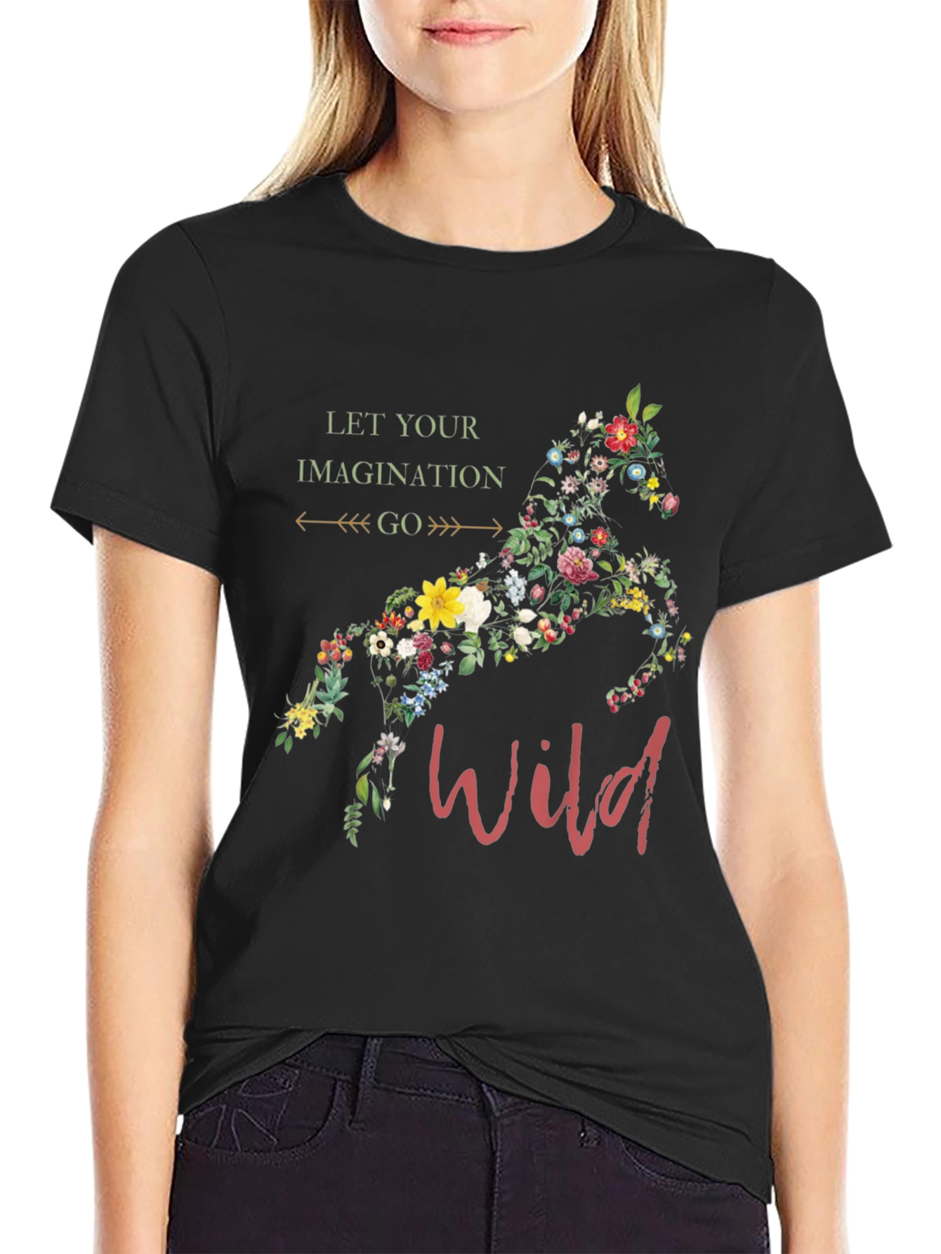 Black Floral Horse Graphic Tee - Let Your Imagination Go Wild! view 2