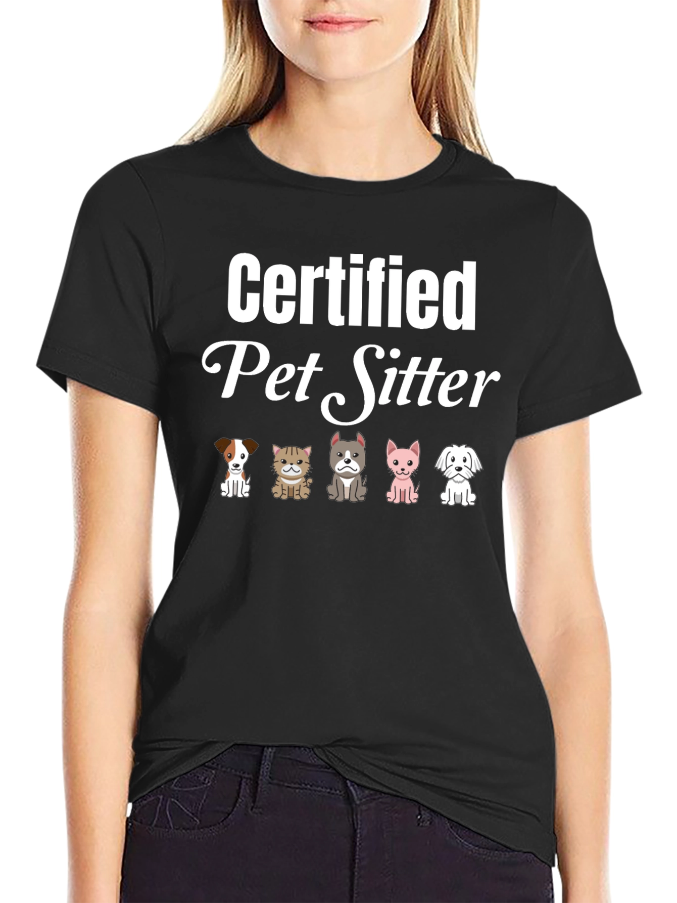 Black Certified Pet Sitter T-Shirt Cute Dogs & Cats view 2