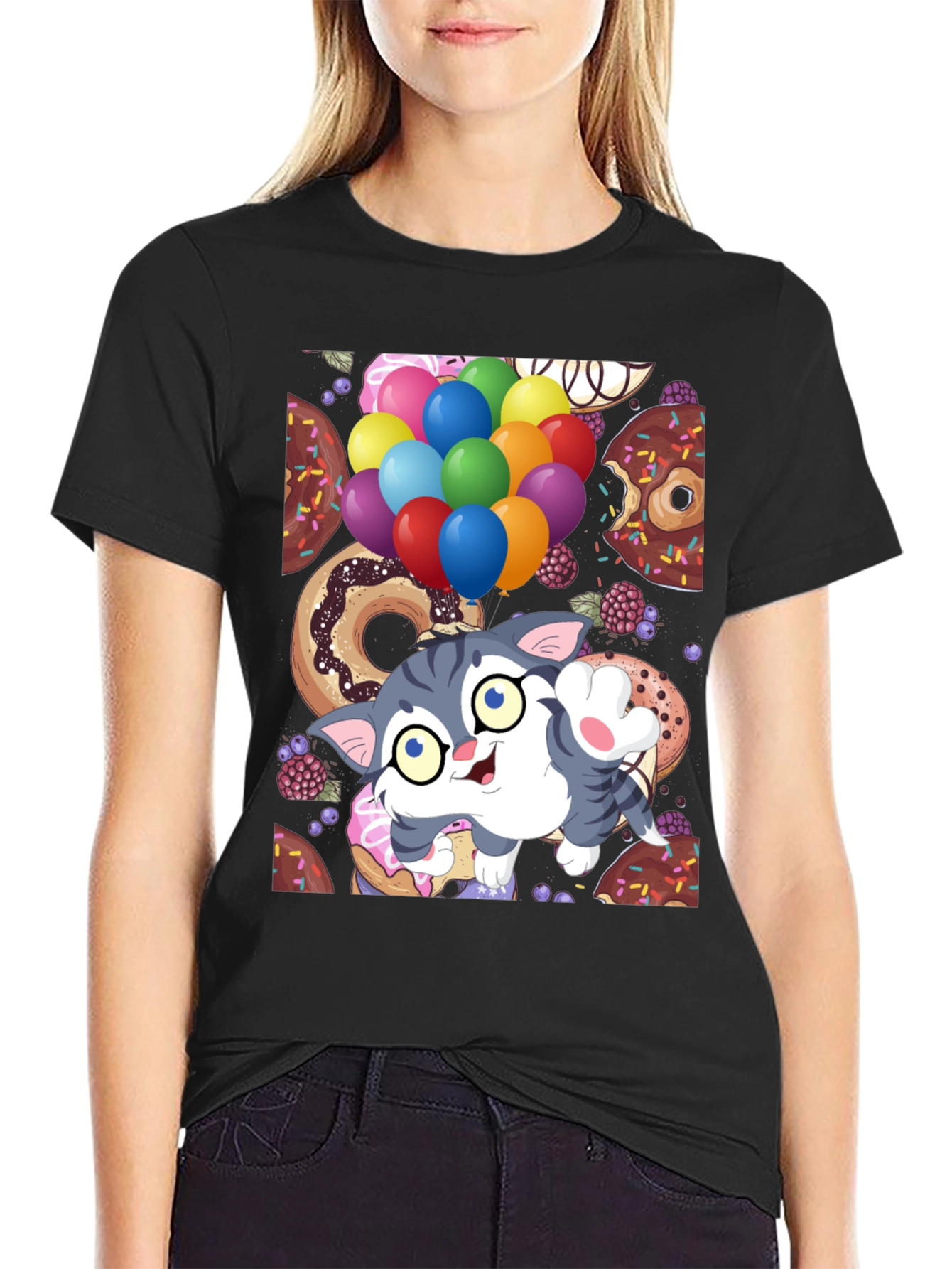Black Cute Cartoon Cat with Balloons and Donuts T-Shirt view 2