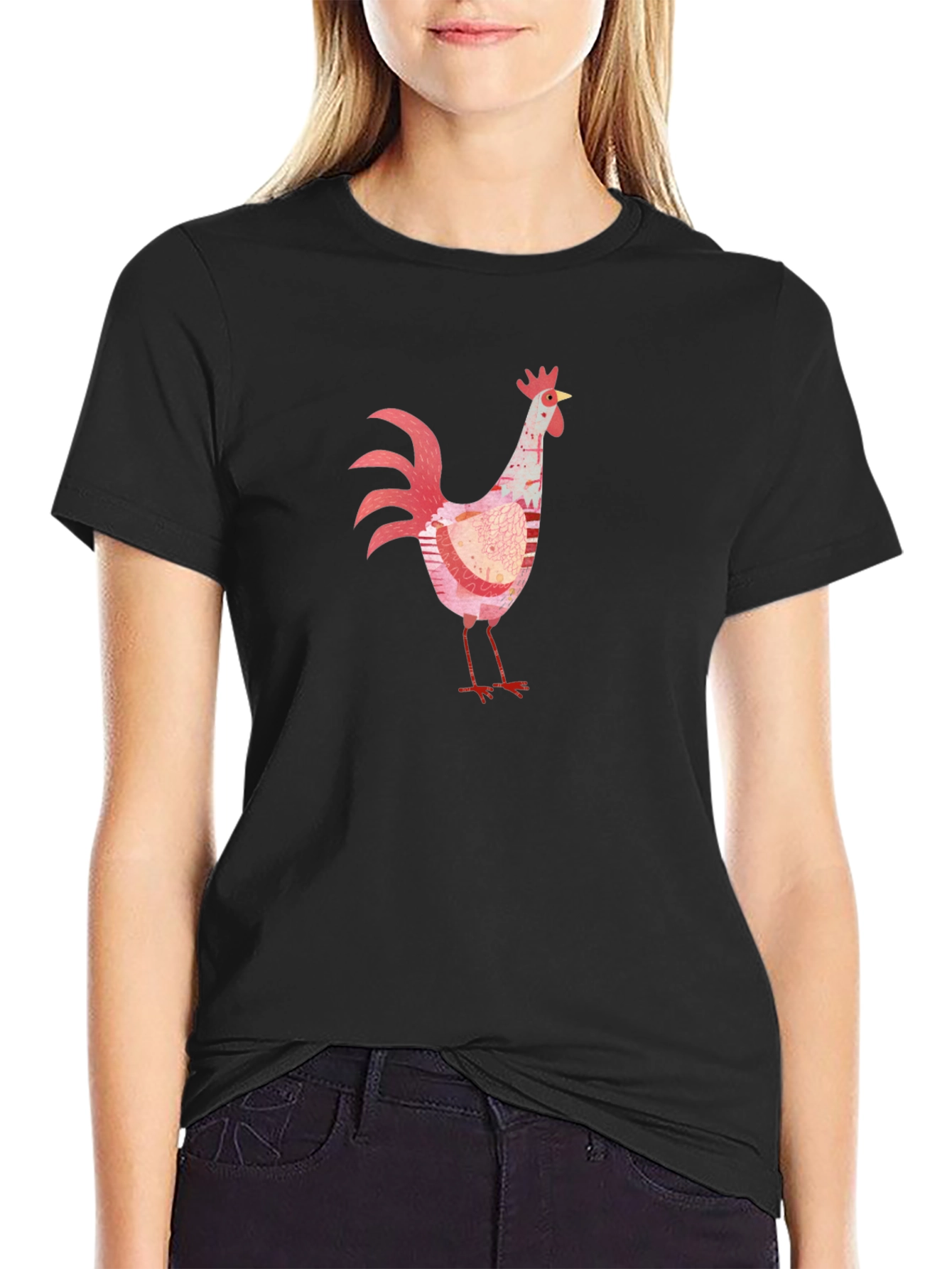 Black Whimsical Rooster Graphic Black T-Shirt view 2