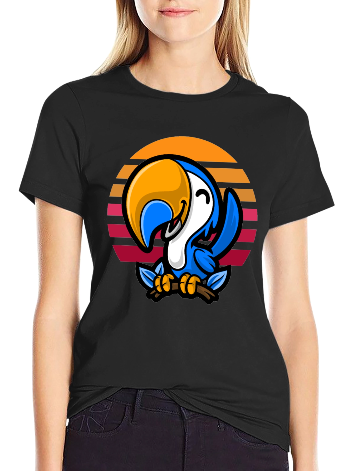 Black Retro Parrot Graphic Tee - Black Cotton Blend view 2