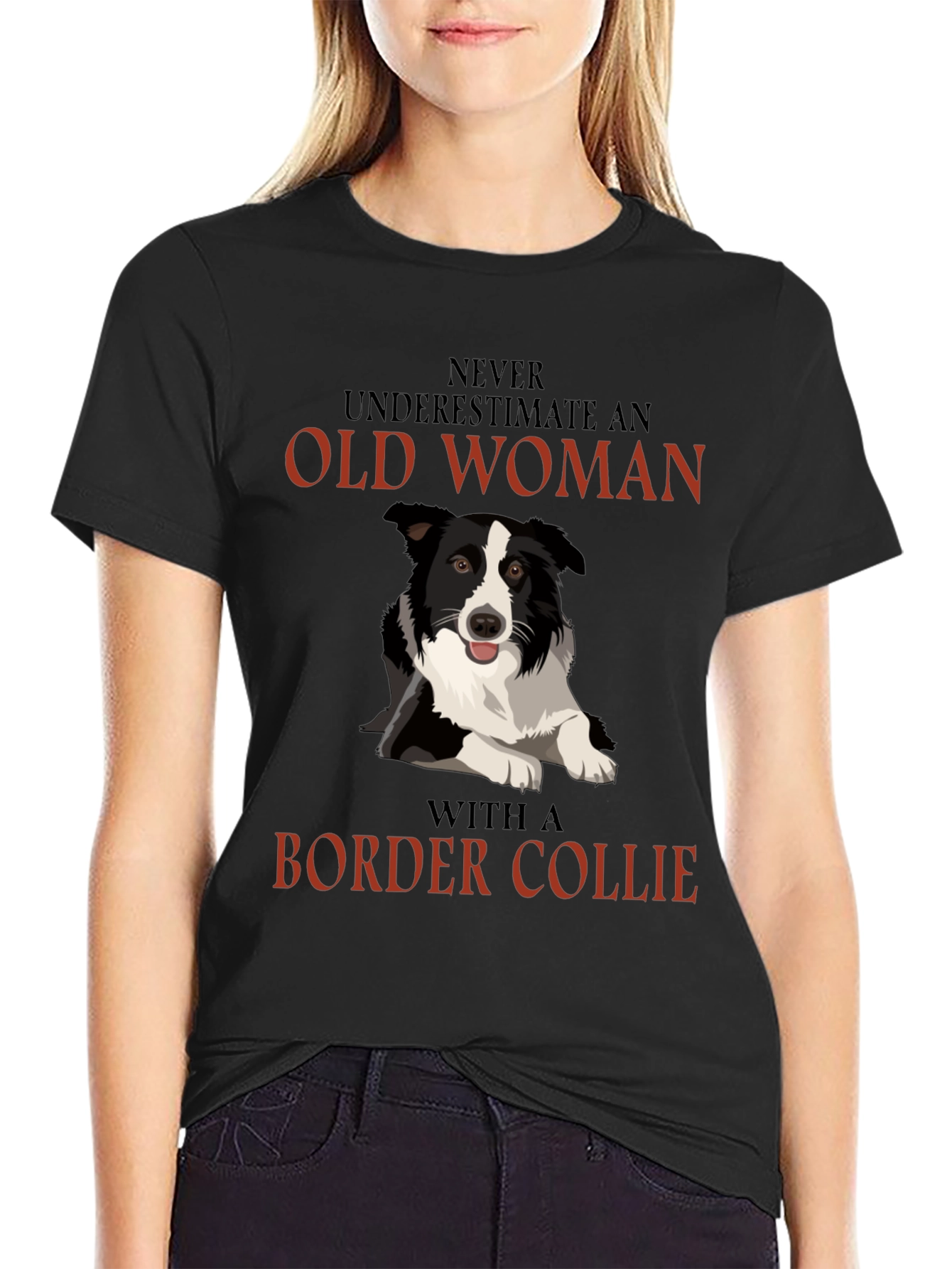 Black Never Underestimate Old Woman Border Collie T-Shirt view 2
