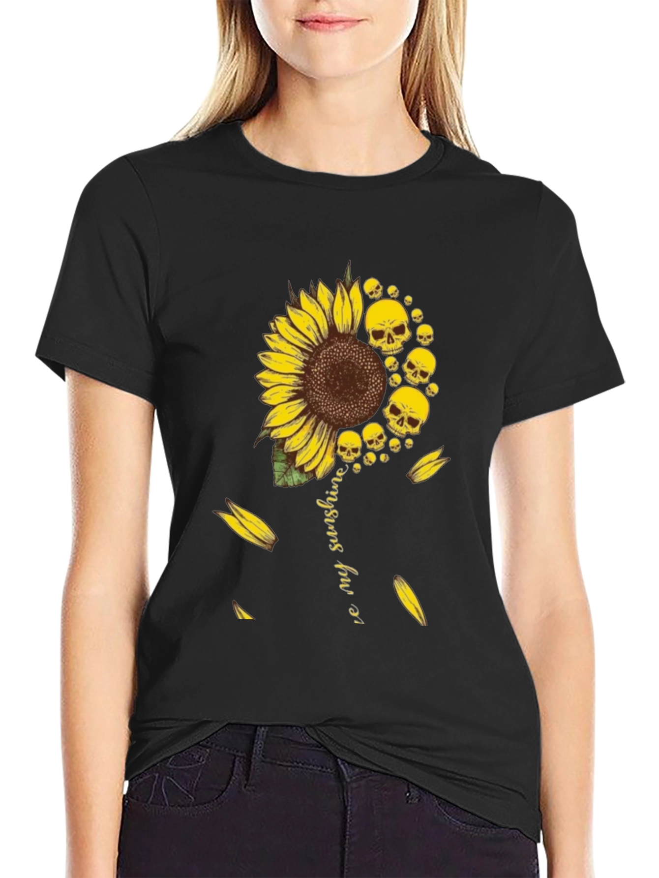 Black Sunflower Skull Graphic T-Shirt - You Are My Sunshine Tee view 2
