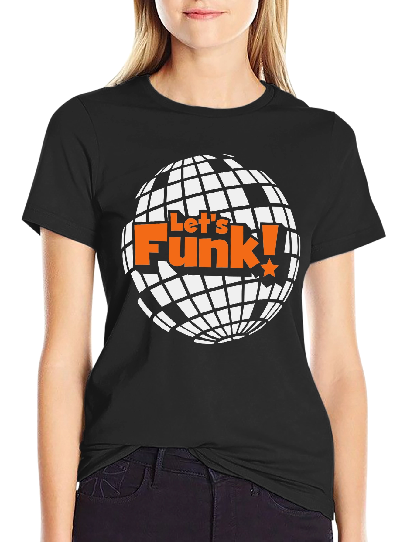 Black Let's Funk! Graphic T-Shirt - Retro Disco Ball Design view 2
